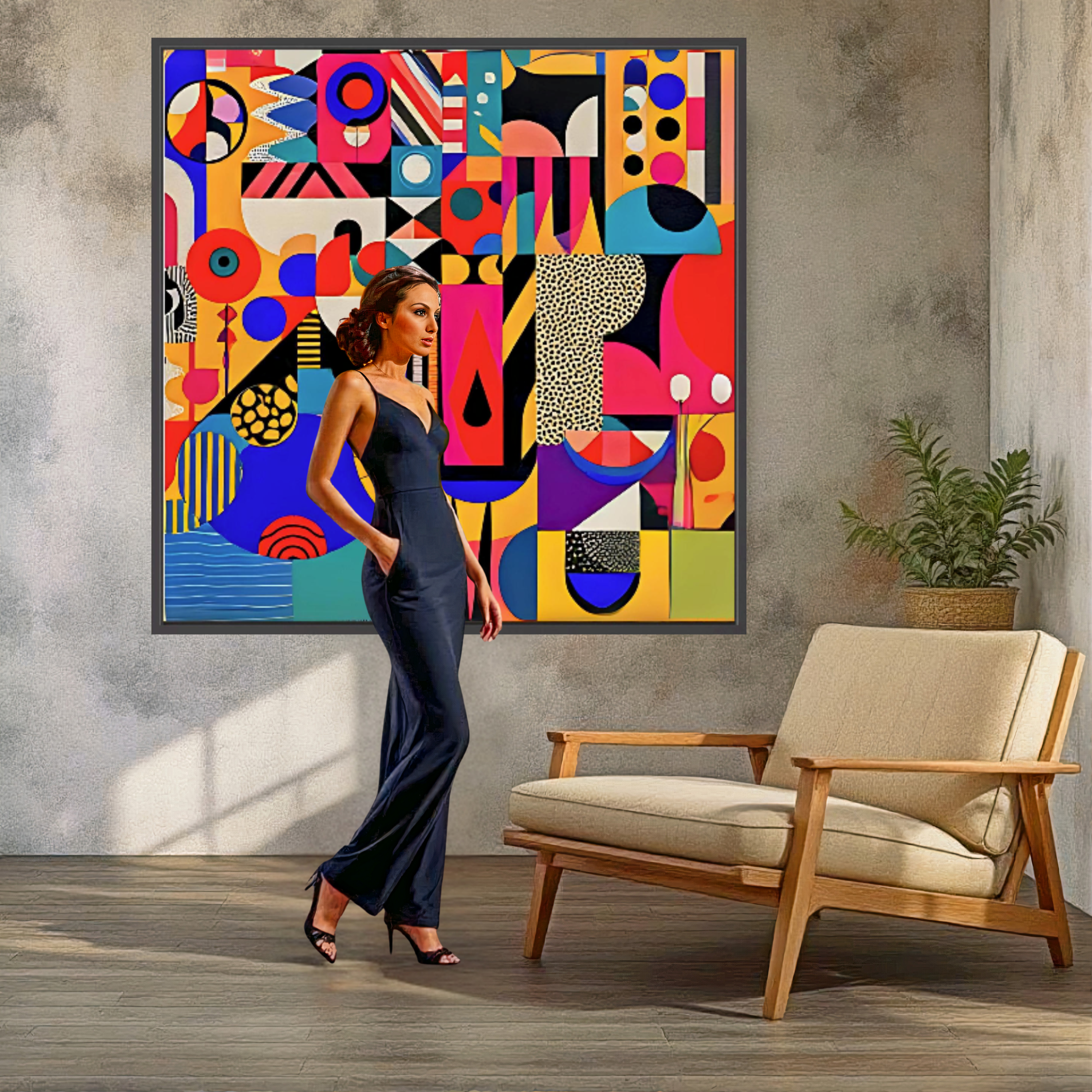 Abstract geometric canvas art in modern living room decor setting