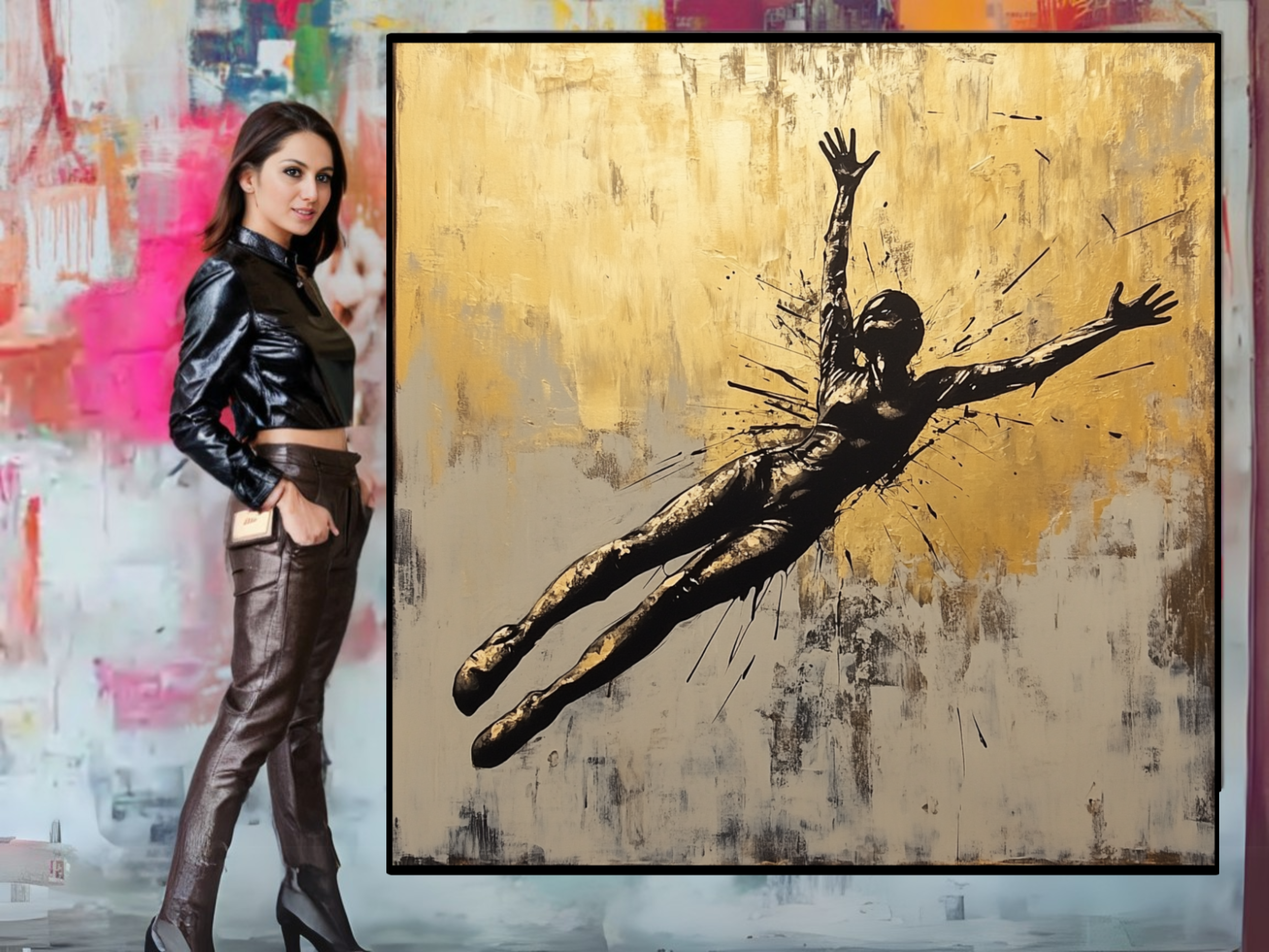 Handmade abstract painting of a black figure leaping against a textured gold and gray background, modern wall art for home or office.