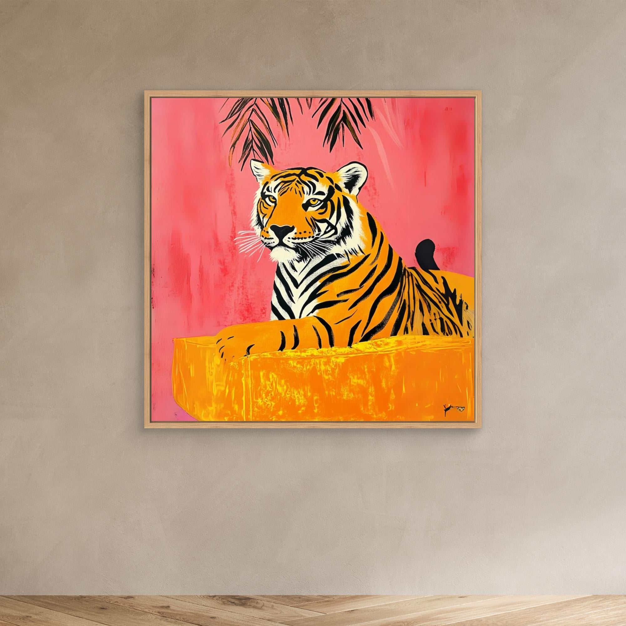 Majestic Tropics - Tiger Wall Art Print, Jungle Animal Painting with Tropical Pink Background, Vibrant Wildlife Decor, Modern Safari Wall Art