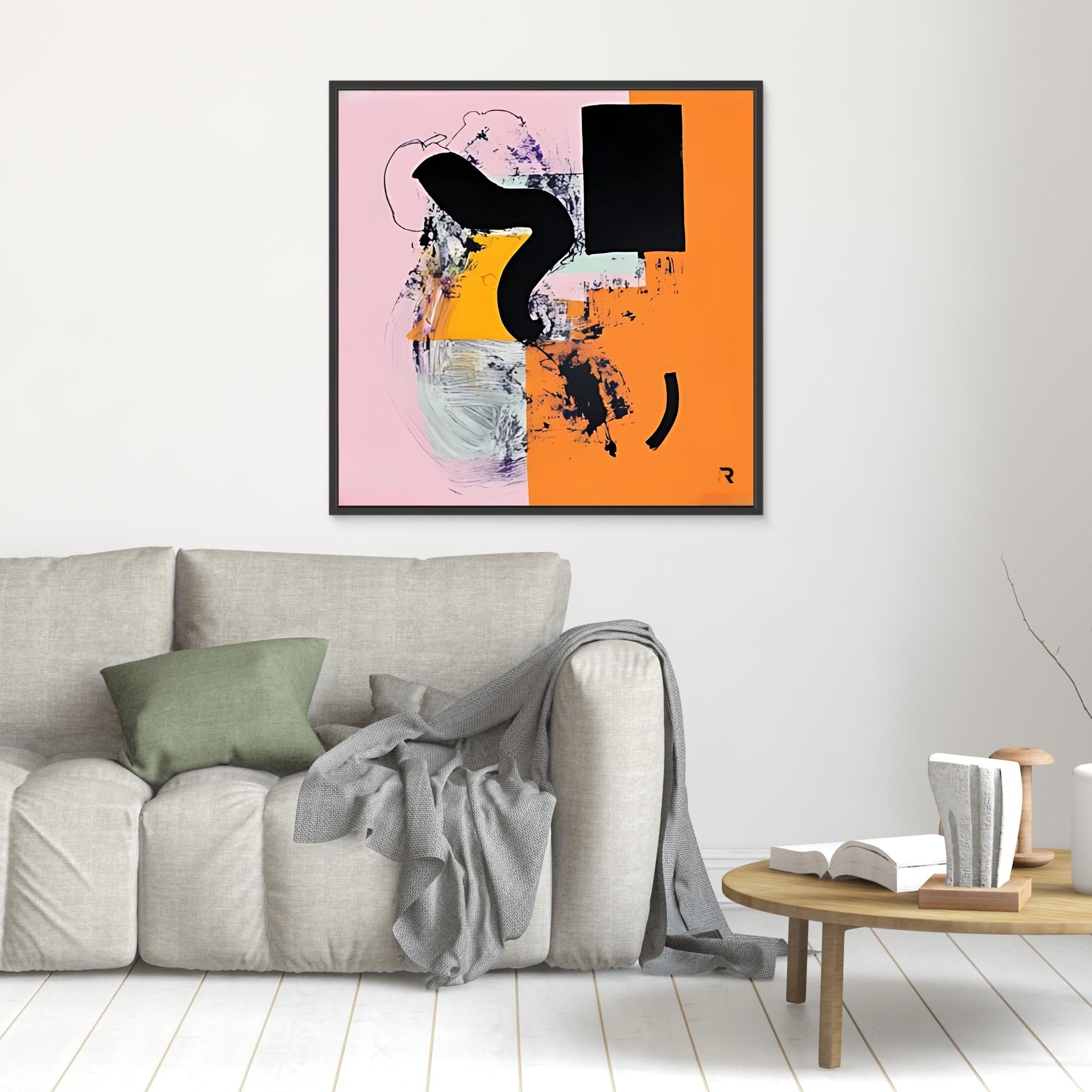 Dynamic Flow- Print Wall Art - Abstract Modern Wall Art, Pink And Orange Geometric Print, Large Framed Contemporary Art, Bold Black And Yellow Accent Wall Decor, Minimalist Canvas Print For Living Rooms