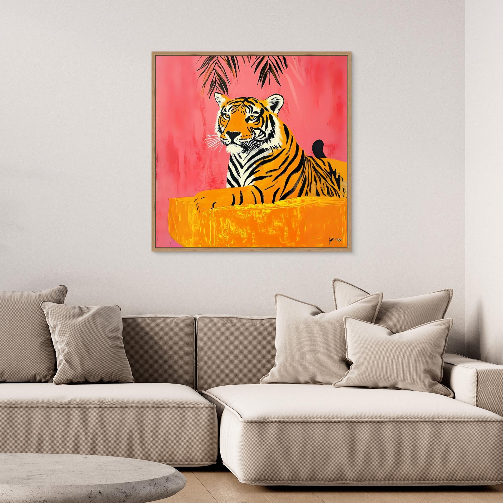 Majestic Tropics - Tiger Wall Art Print, Jungle Animal Painting with Tropical Pink Background, Vibrant Wildlife Decor, Modern Safari Wall Art