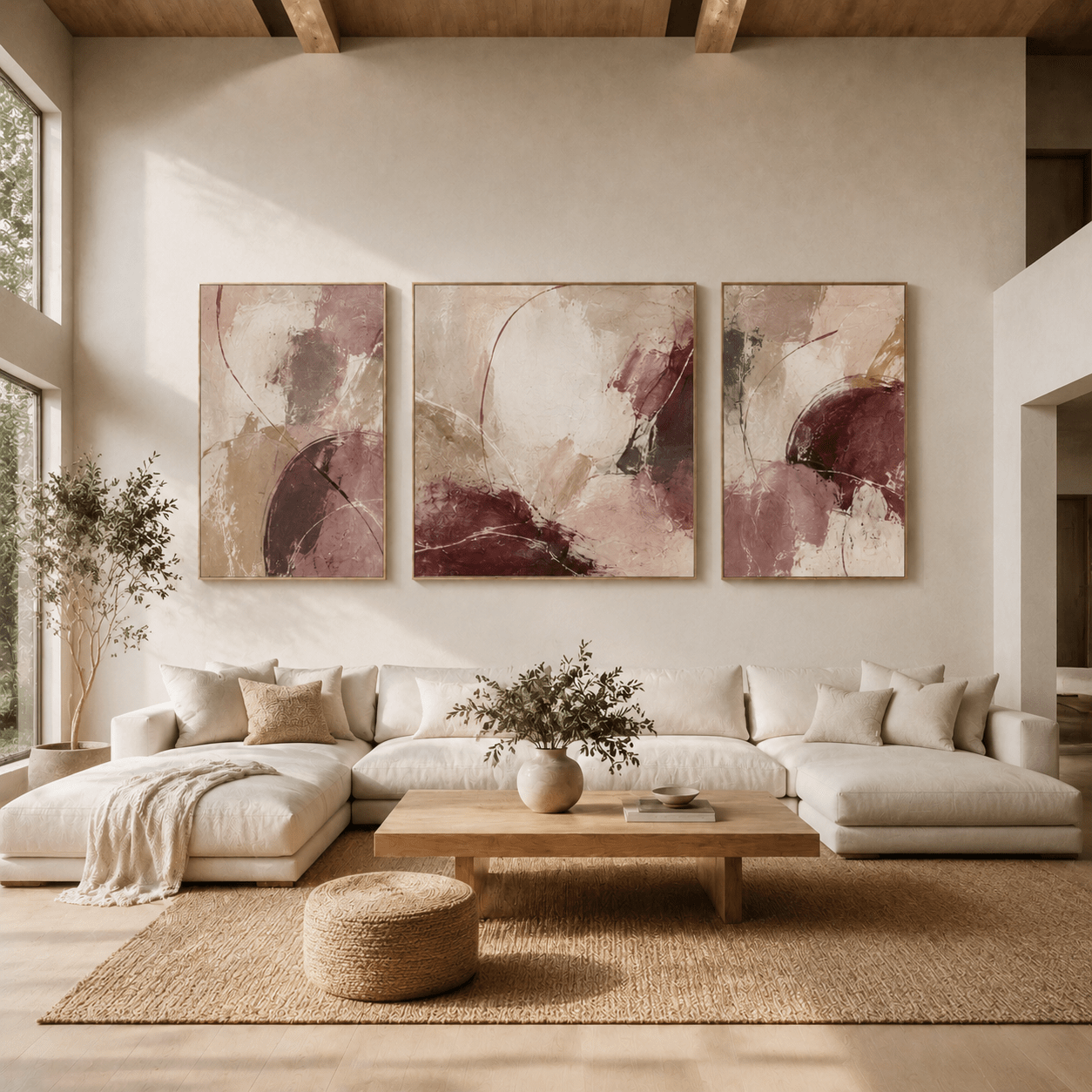 3 piece canvas wall art in cream, taupe, and burgundy abstract marble style, Velvet Fracture by Rossetti Art, living room setting