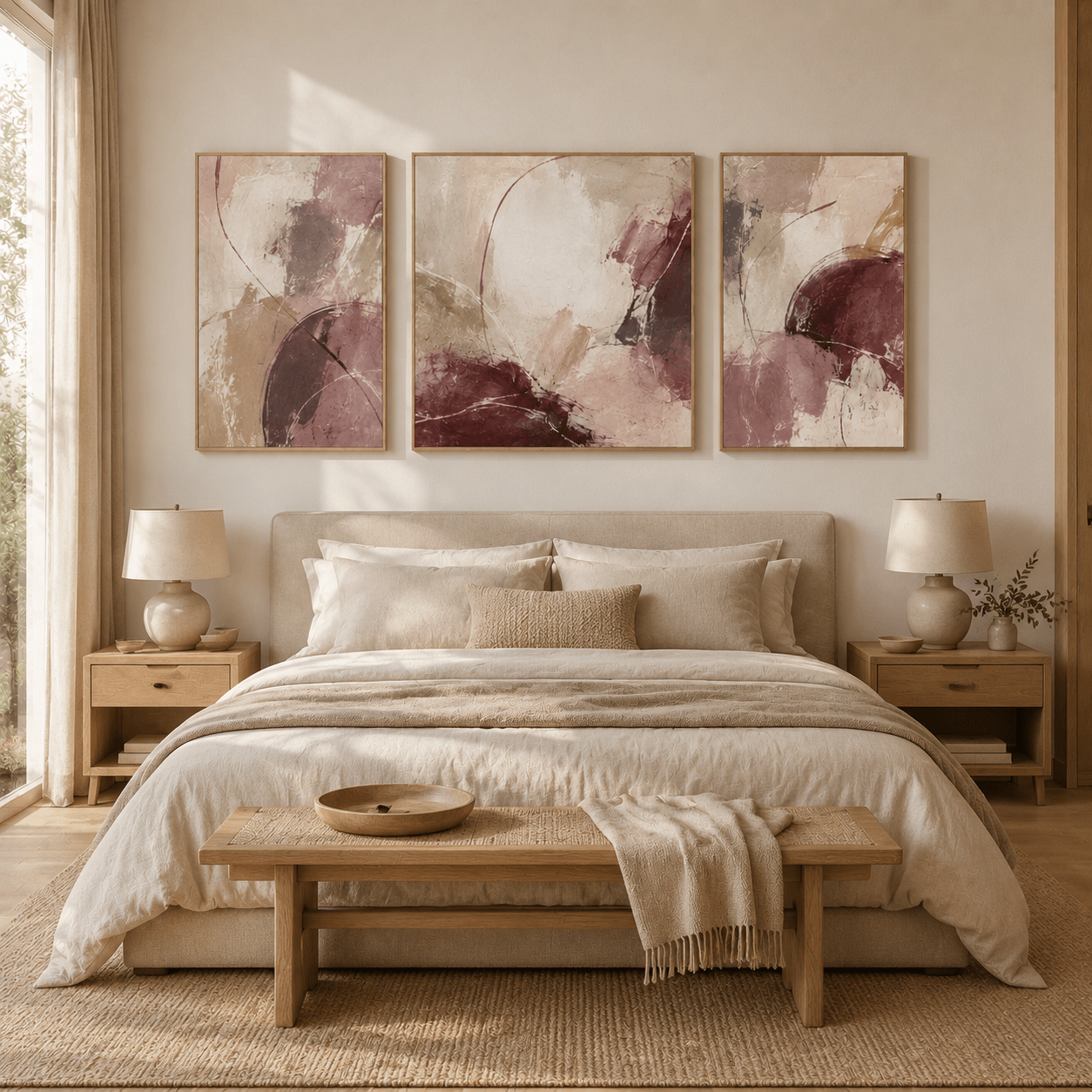 3 piece canvas wall art in cream, taupe, and burgundy abstract marble style, Velvet Fracture by Rossetti Art, bedroom setting