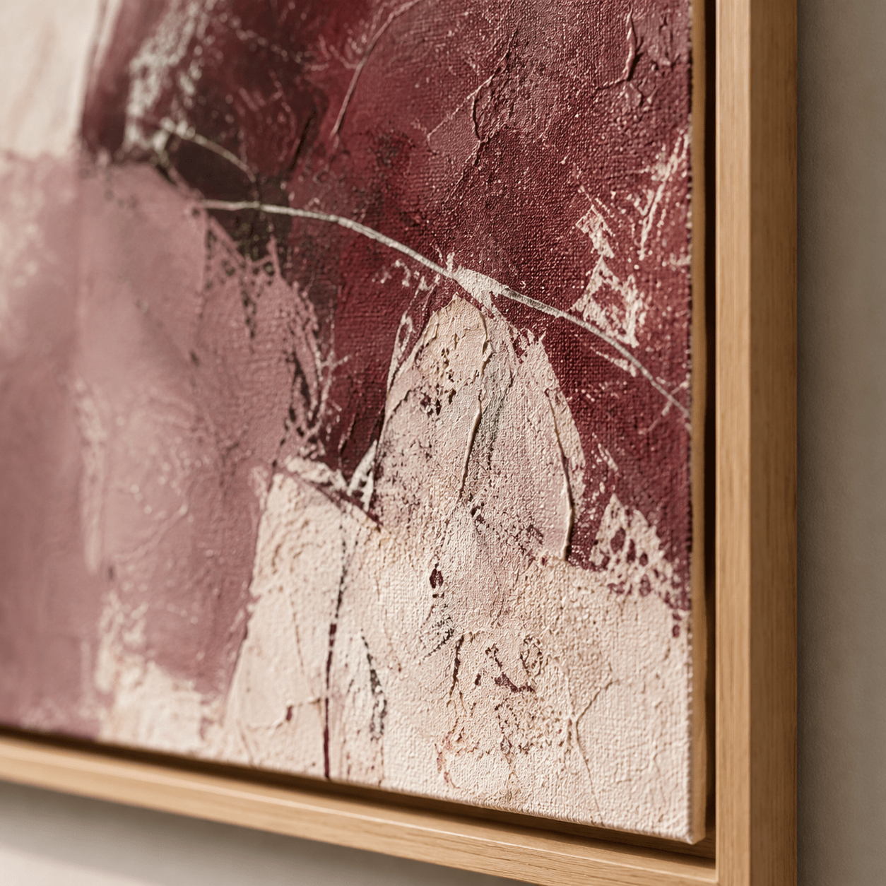 3 piece canvas wall art in cream, taupe, and burgundy abstract marble style, Velvet Fracture by Rossetti Art, frame corner detail