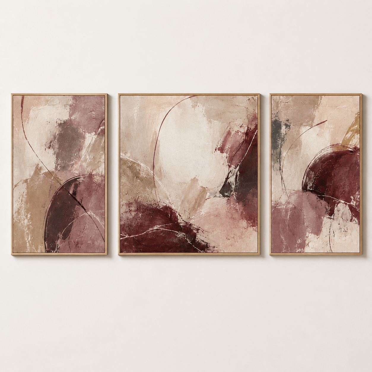 3 piece canvas wall art in cream, taupe, and burgundy abstract marble style, Velvet Fracture by Rossetti Art, plain product shot