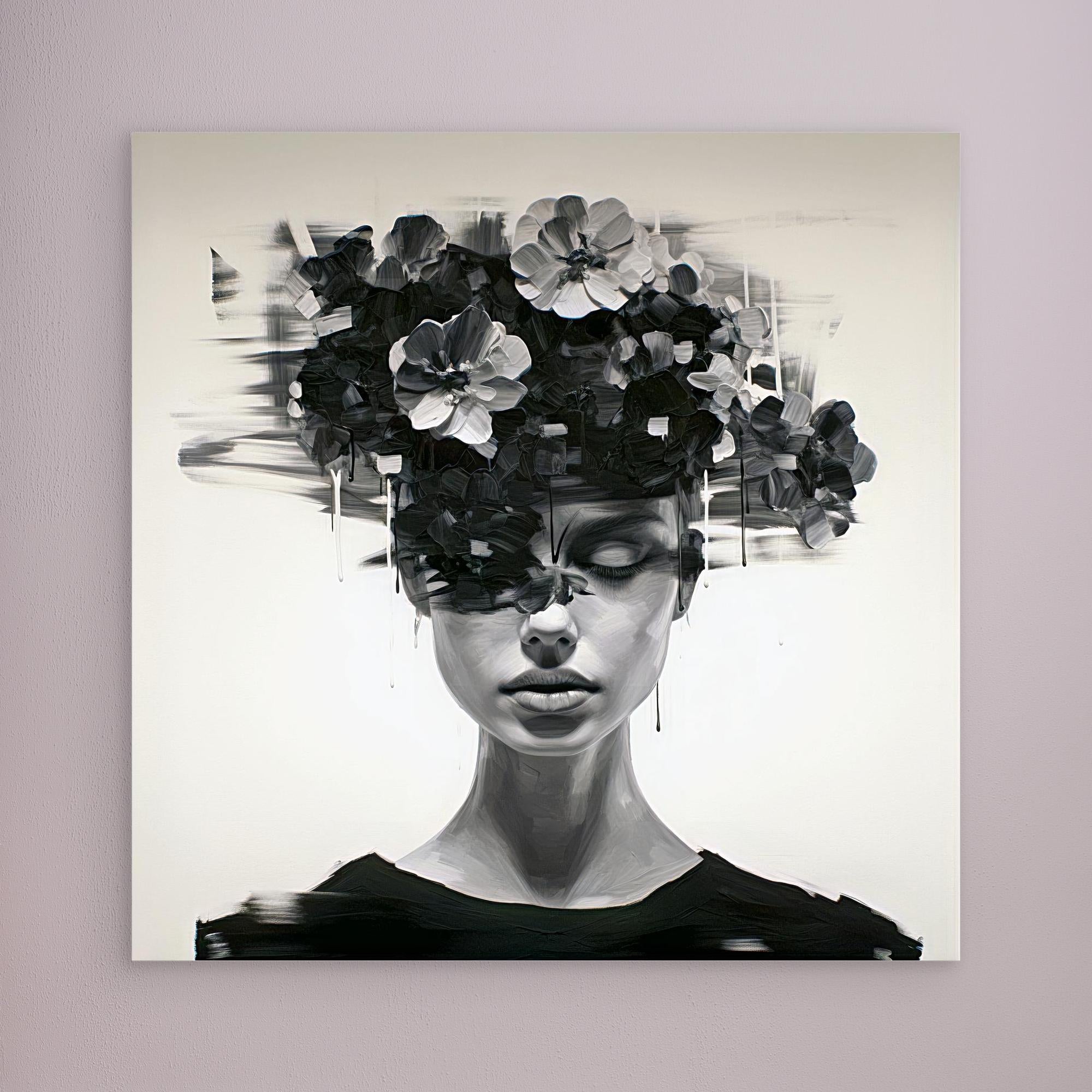 Canvas Print: Noir Bloom – Surreal Floral Portrait Wall Art