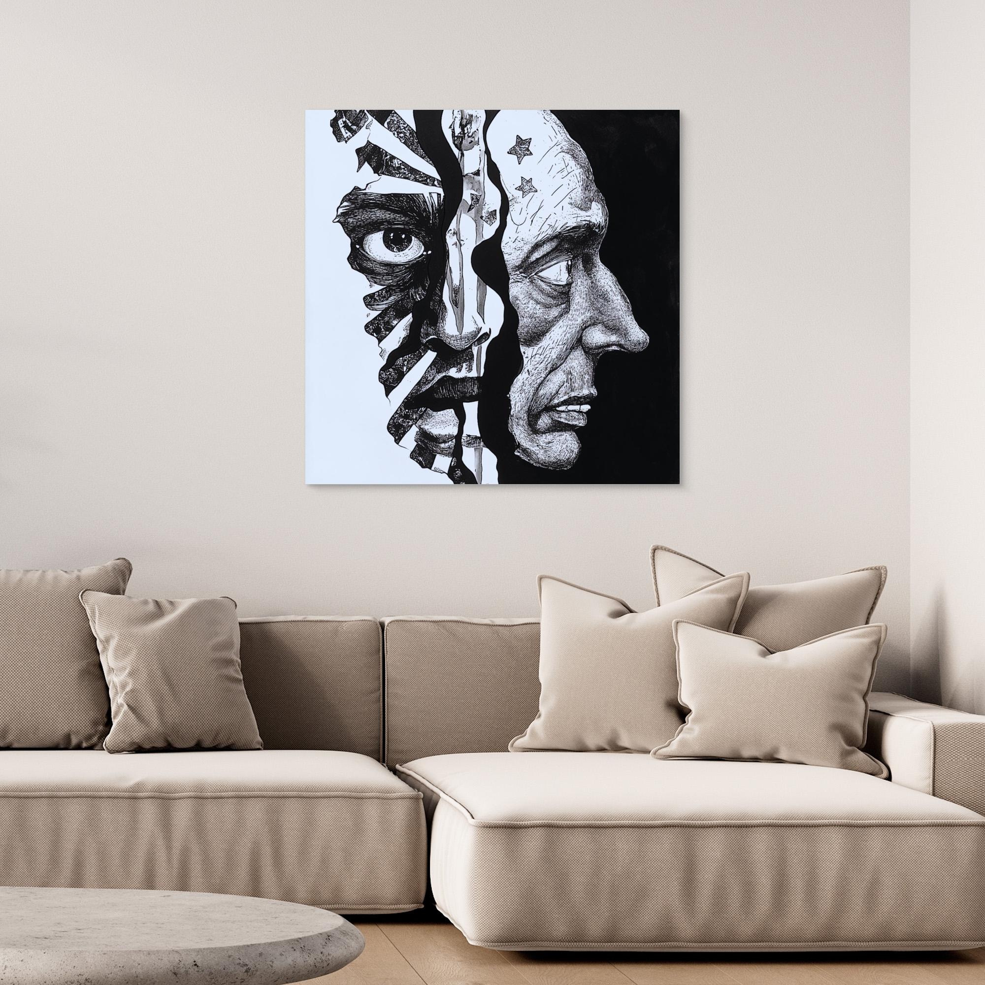 Faces Within - Dual Perspective Abstract Wall Art, Black and White Pen Drawing, Surreal Face Illustration Print, Modern Figurative Art for Home Decor