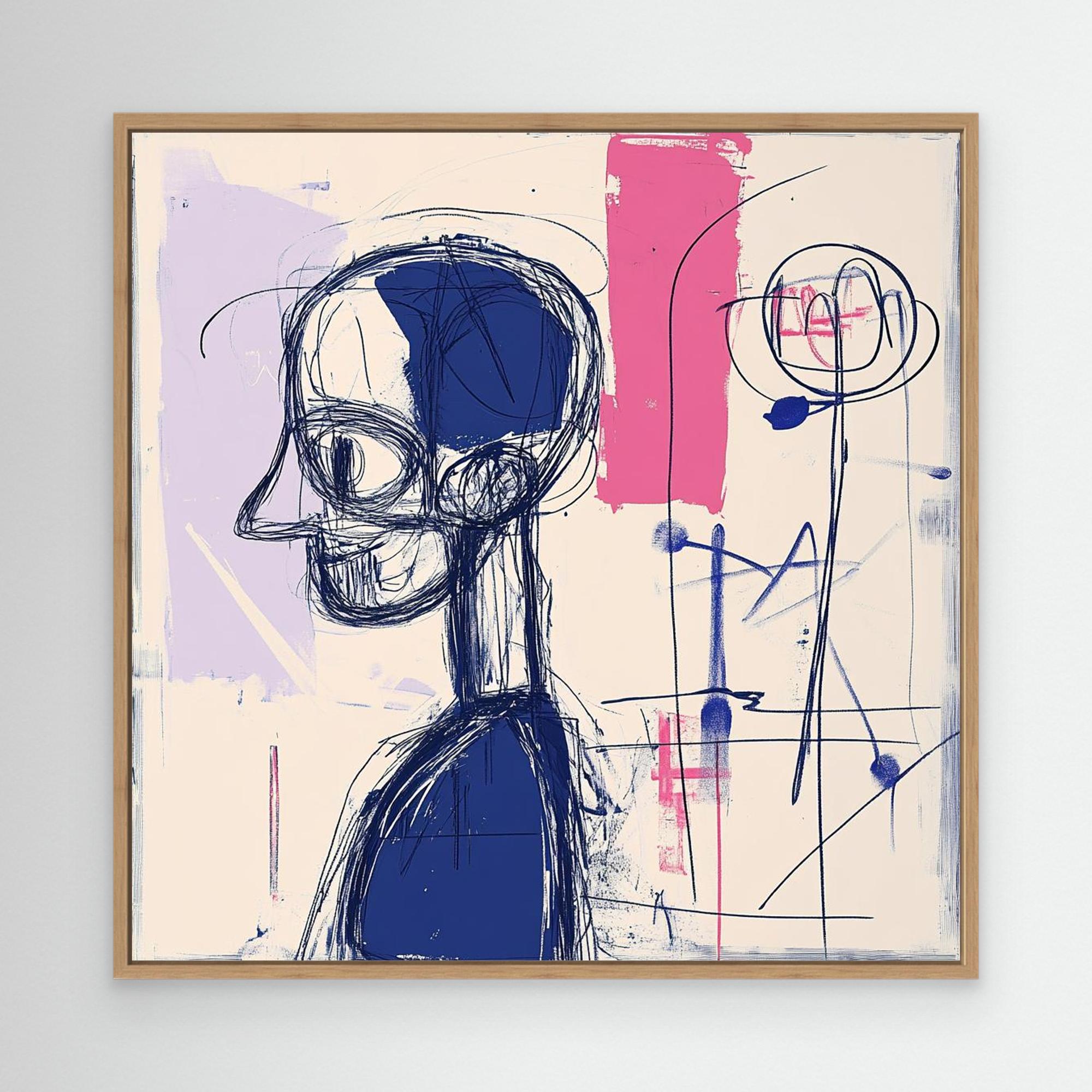 Abstract Contemplation - Modern Abstract Line Art Print | Blue and Pink Abstract Portrait | Contemporary Wall Art for Home or Office Decor