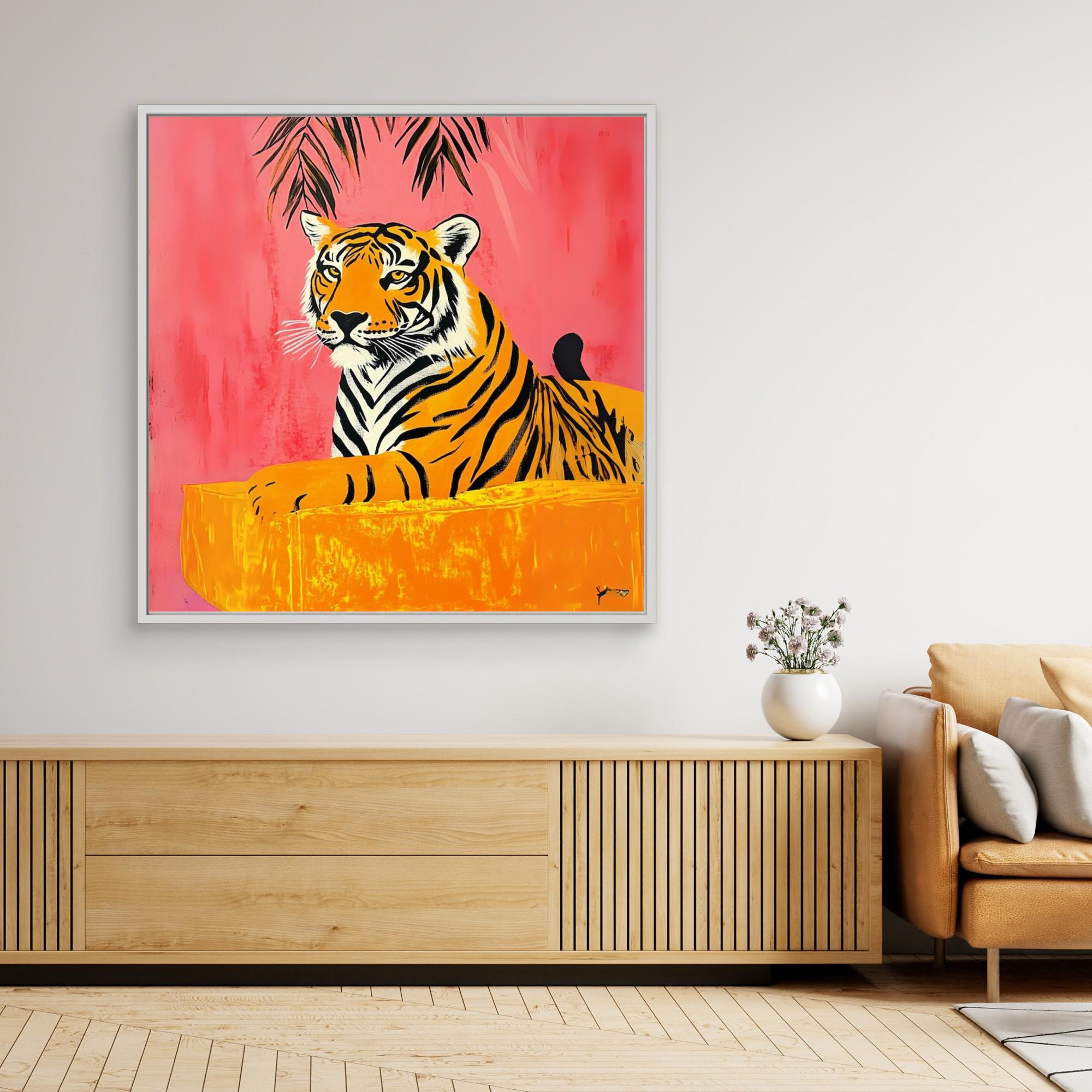 Majestic Tropics - Tiger Wall Art Print, Jungle Animal Painting with Tropical Pink Background, Vibrant Wildlife Decor, Modern Safari Wall Art