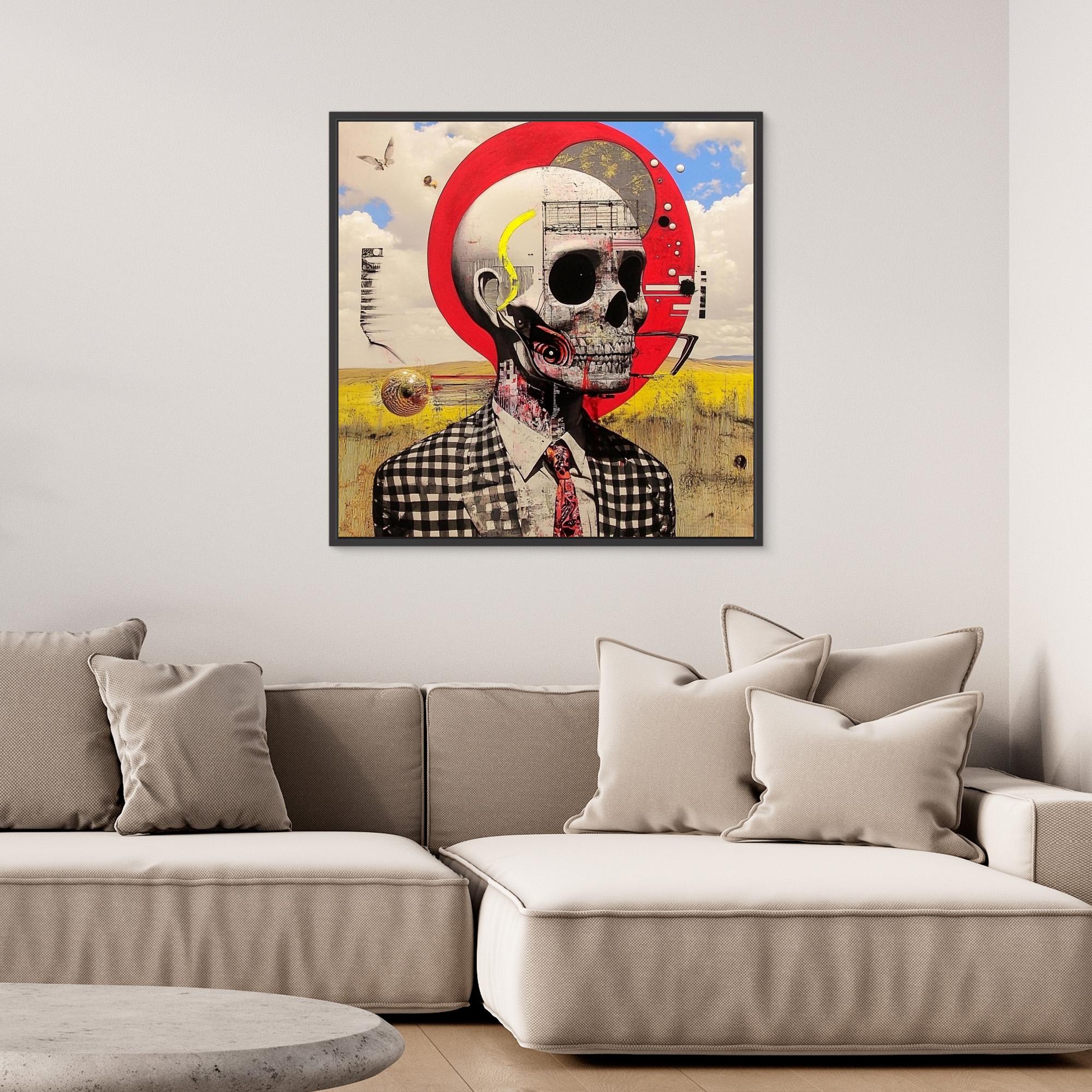 Canvas Print : Skull Reverie - Surreal Skull Art Print – Modern Mixed Media Wall Decor with Red Accents