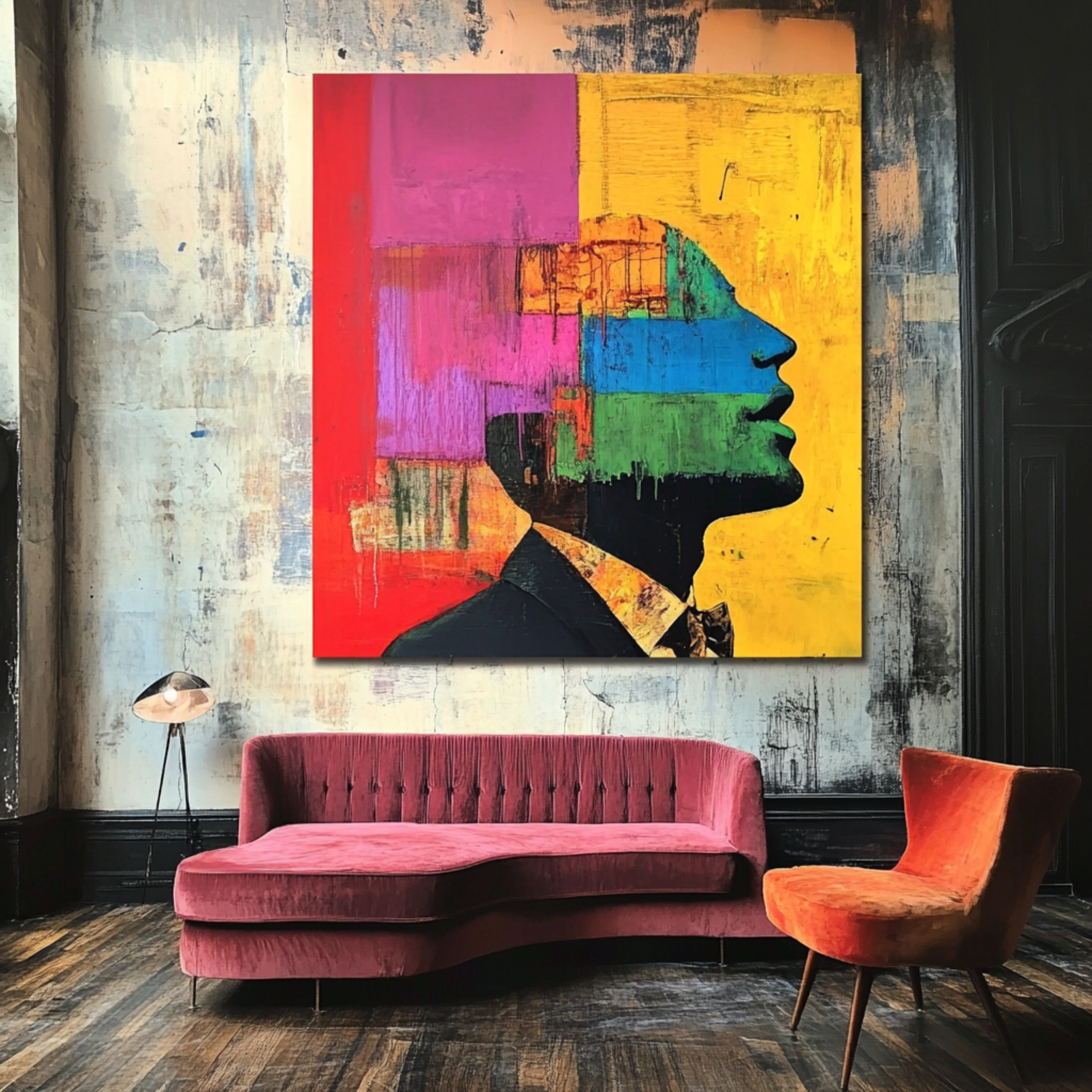 Abstract silhouette painting featuring a vibrant side-profile portrait with geometric blocks of red, yellow, blue, and green, textured with modern acrylic layers.