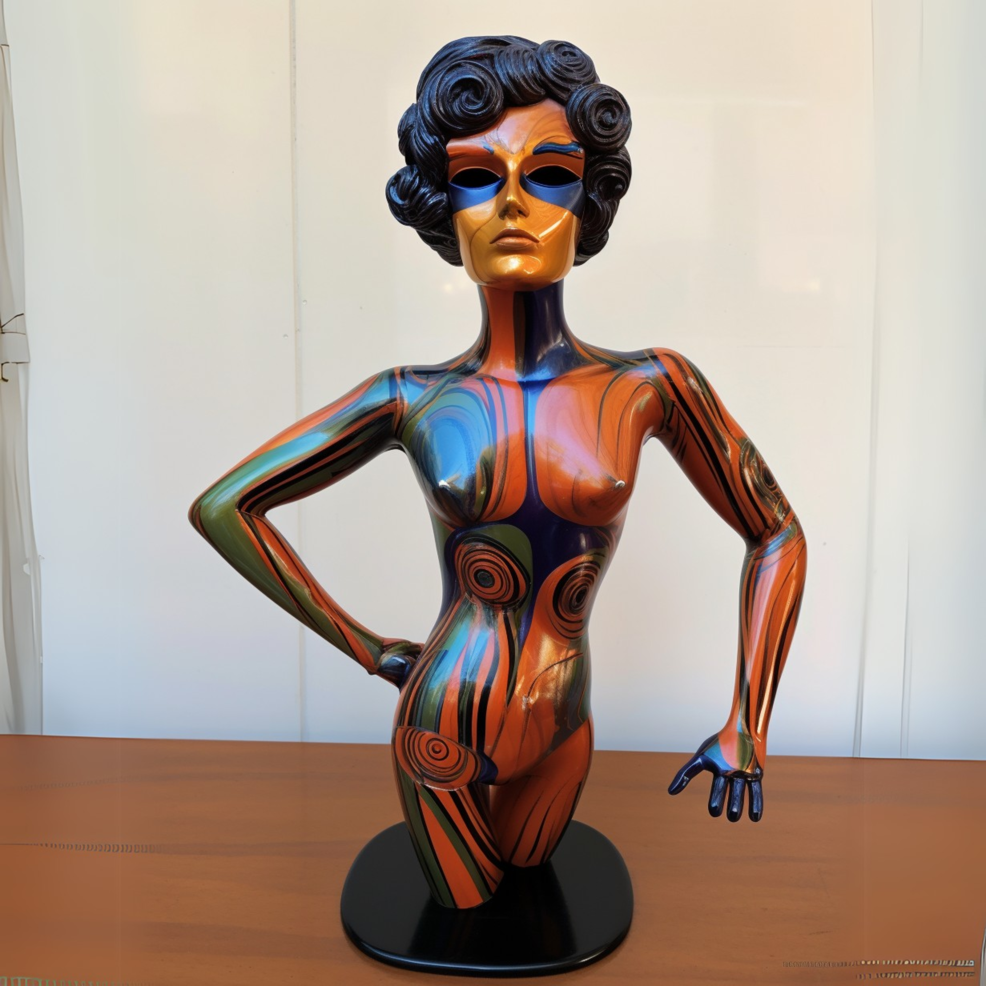 Handmade abstract fiberglass sculpture of a colorful female bust with vibrant metallic patterns and bold lines, perfect for modern and eclectic interiors.