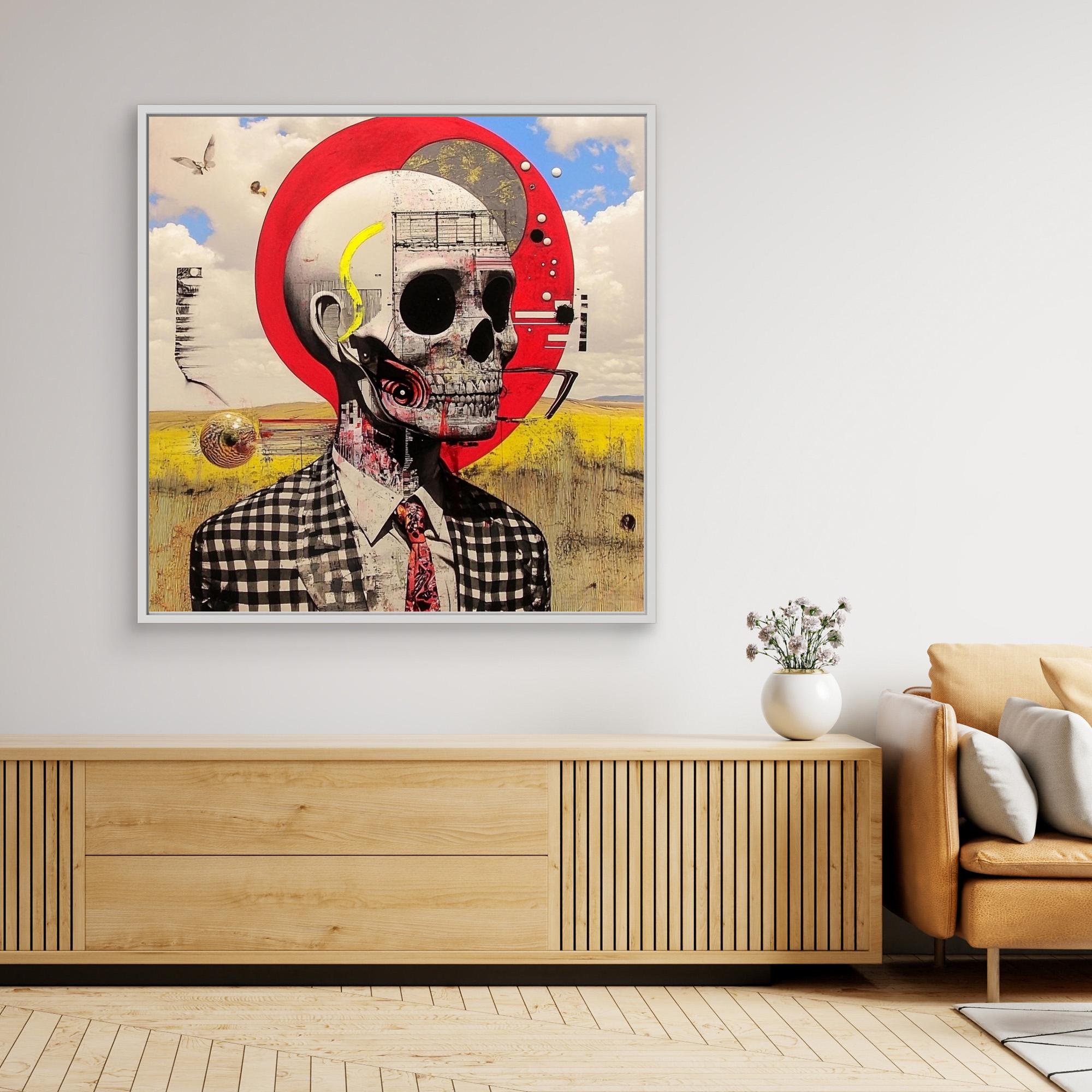 Canvas Print : Skull Reverie - Surreal Skull Art Print – Modern Mixed Media Wall Decor with Red Accents