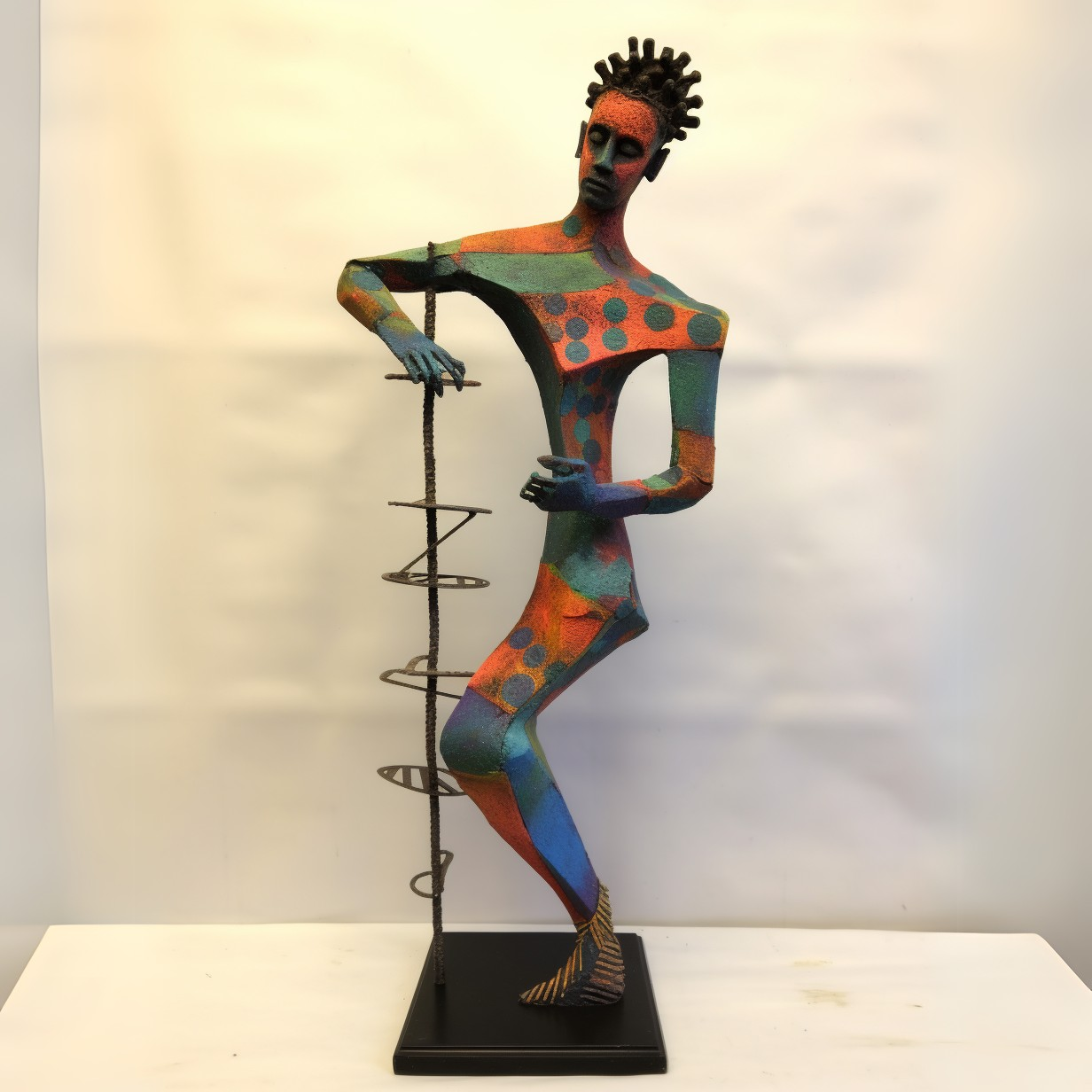 Handmade abstract fiberglass and metal sculpture featuring a vibrant figure design with bold painted patterns and a metallic spiral accent, perfect for modern and eclectic interiors.