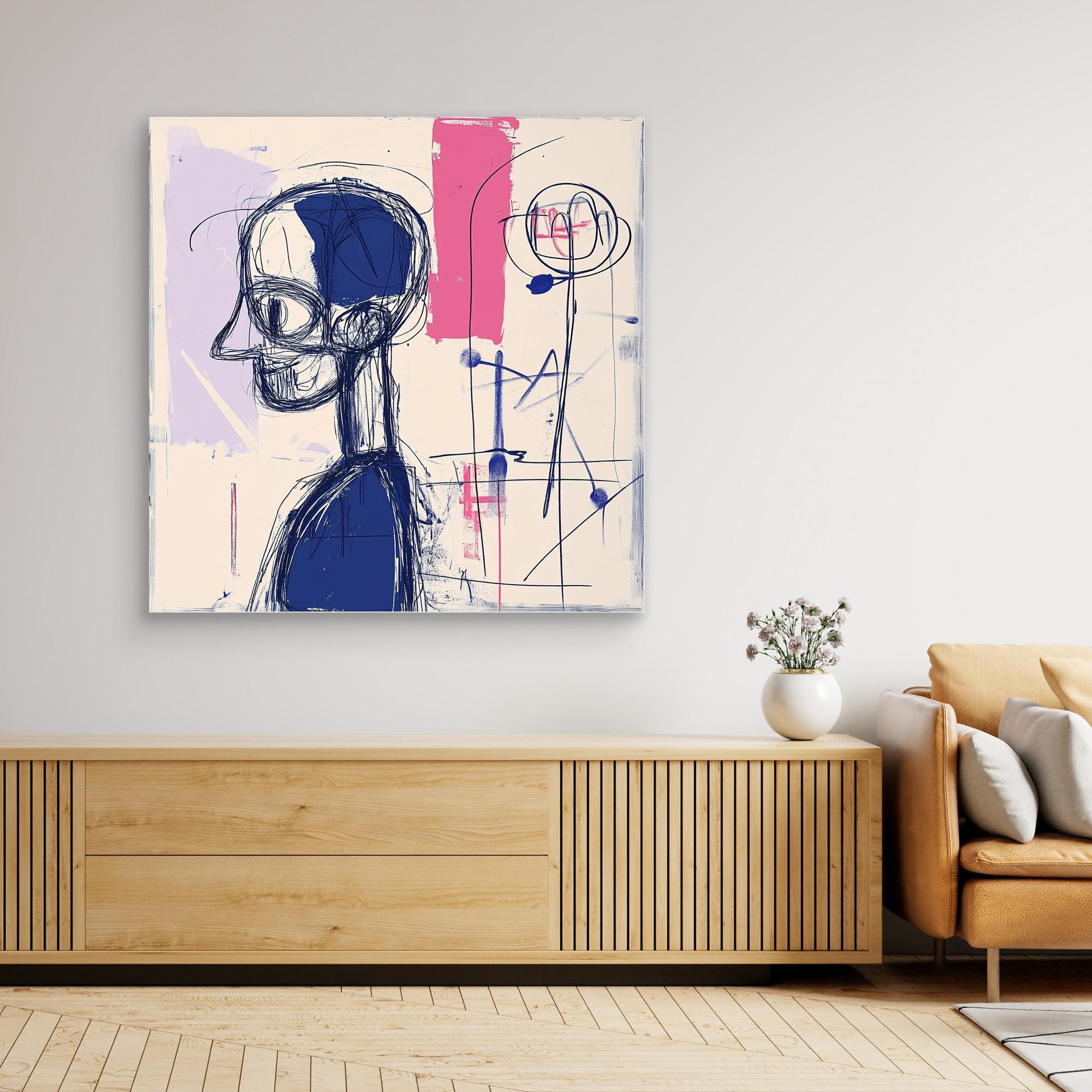 Abstract Contemplation - Modern Abstract Line Art Print | Blue and Pink Abstract Portrait | Contemporary Wall Art for Home or Office Decor