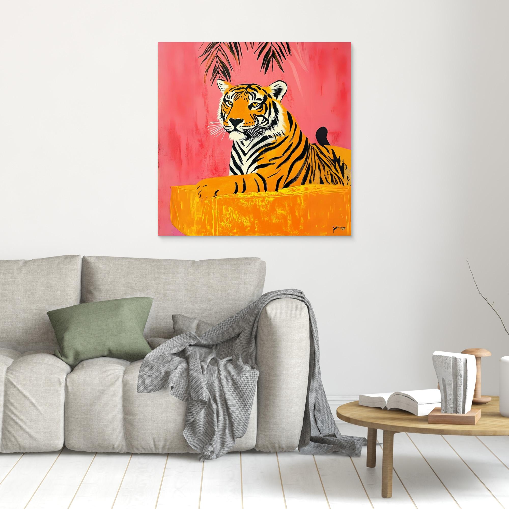 Majestic Tropics - Tiger Wall Art Print, Jungle Animal Painting with Tropical Pink Background, Vibrant Wildlife Decor, Modern Safari Wall Art