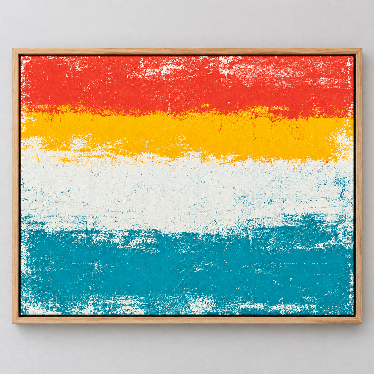 70s Wall Art – Sunset Stripe by Rossetti Art – red, golden yellow, cream and teal color bands with a distressed retro print texture, framed front view
