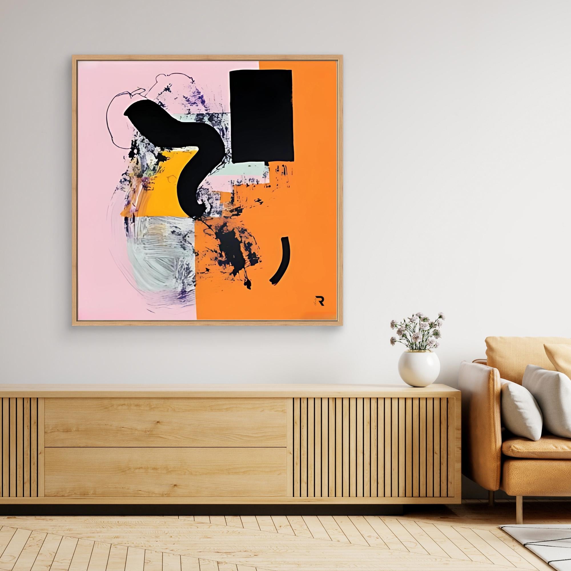 Dynamic Flow- Print Wall Art - Abstract Modern Wall Art, Pink And Orange Geometric Print, Large Framed Contemporary Art, Bold Black And Yellow Accent Wall Decor, Minimalist Canvas Print For Living Rooms