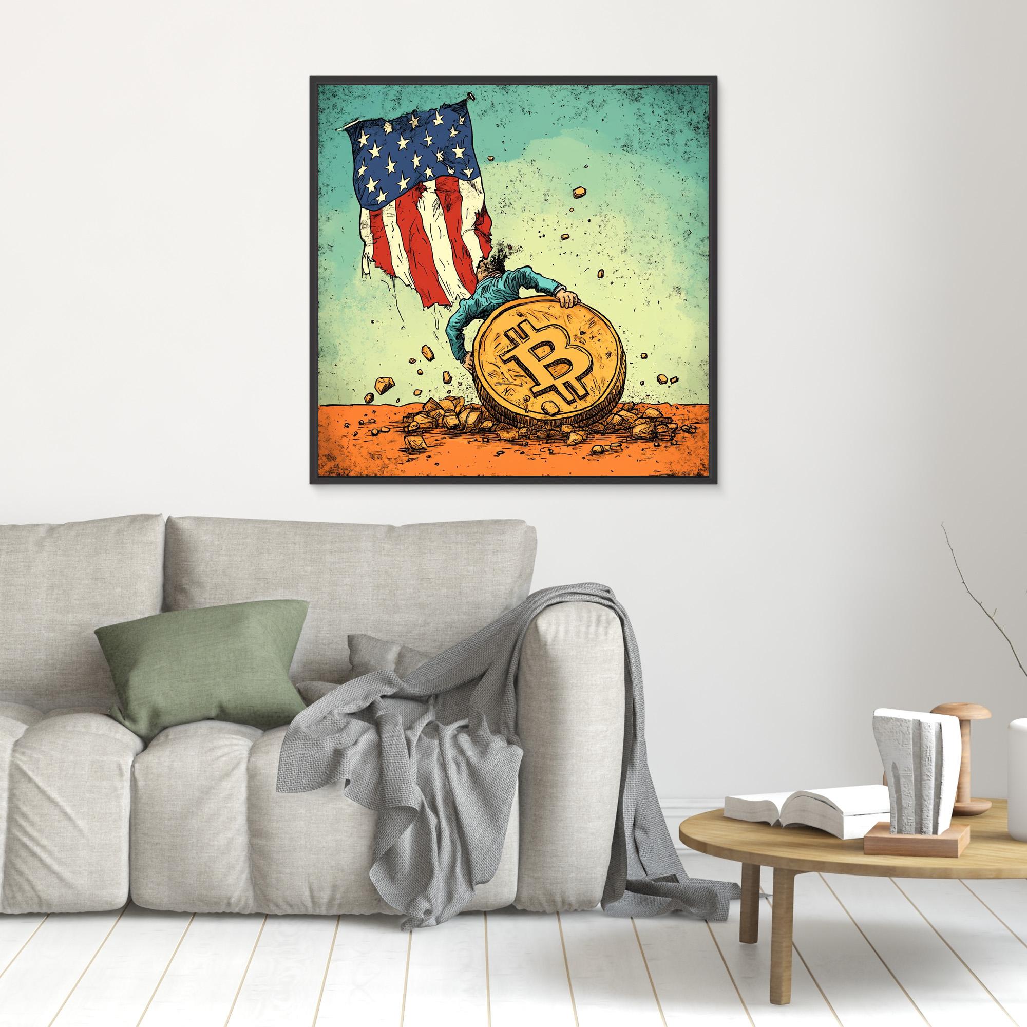 Canvas Print : Bitcoin vs. Tradition: Bold Political Satire Print Artwork