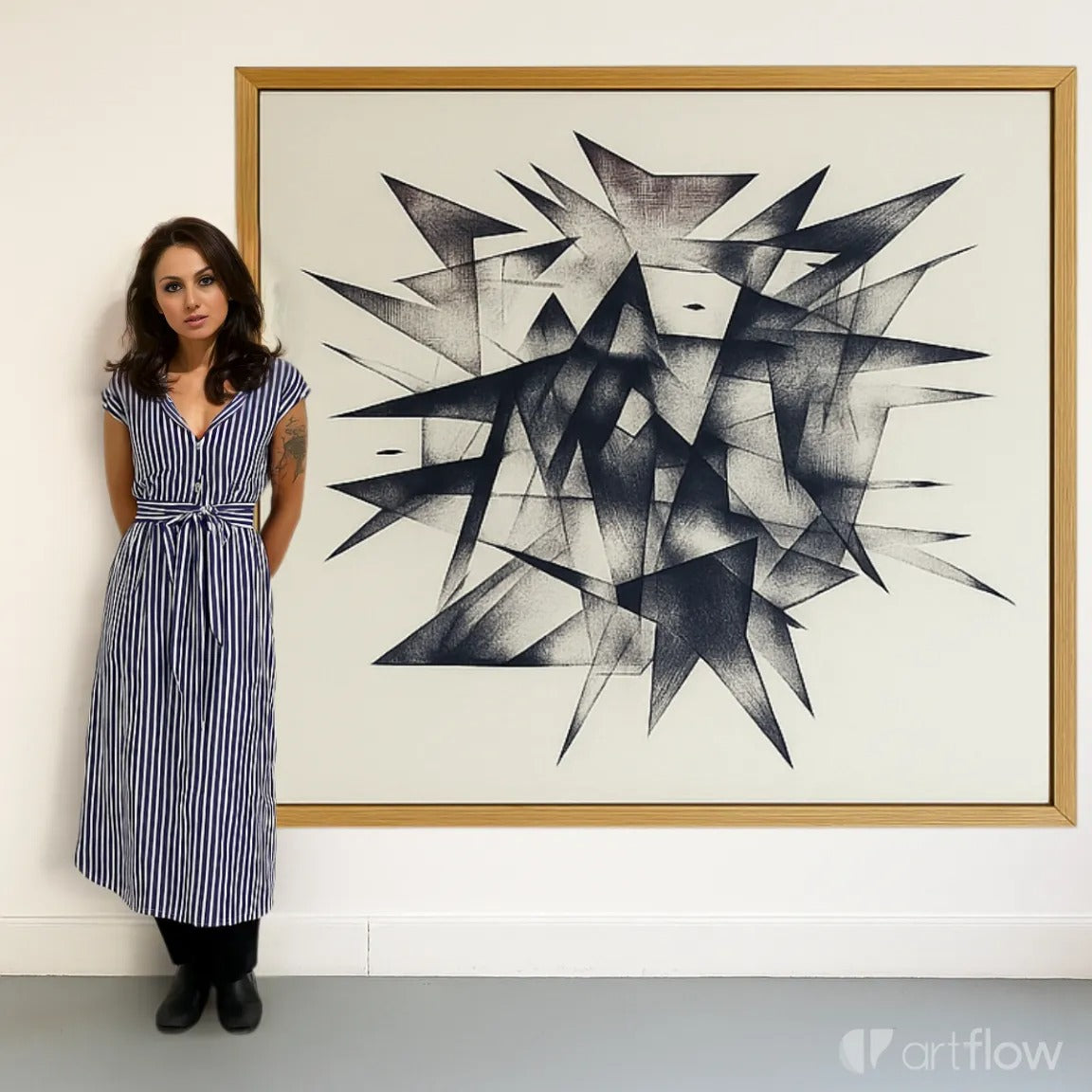 "Abstract black and white geometric canvas print with sharp edges, modern brutalist wall art"