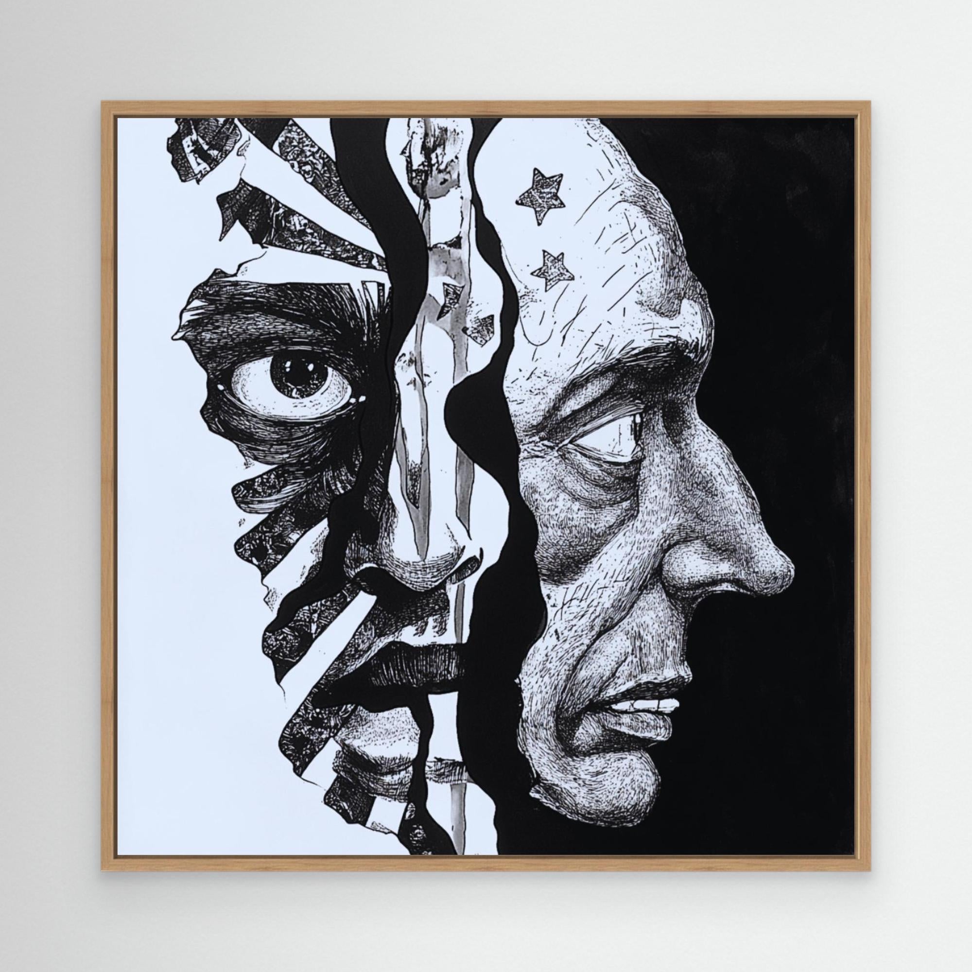 Faces Within - Dual Perspective Abstract Wall Art, Black and White Pen Drawing, Surreal Face Illustration Print, Modern Figurative Art for Home Decor