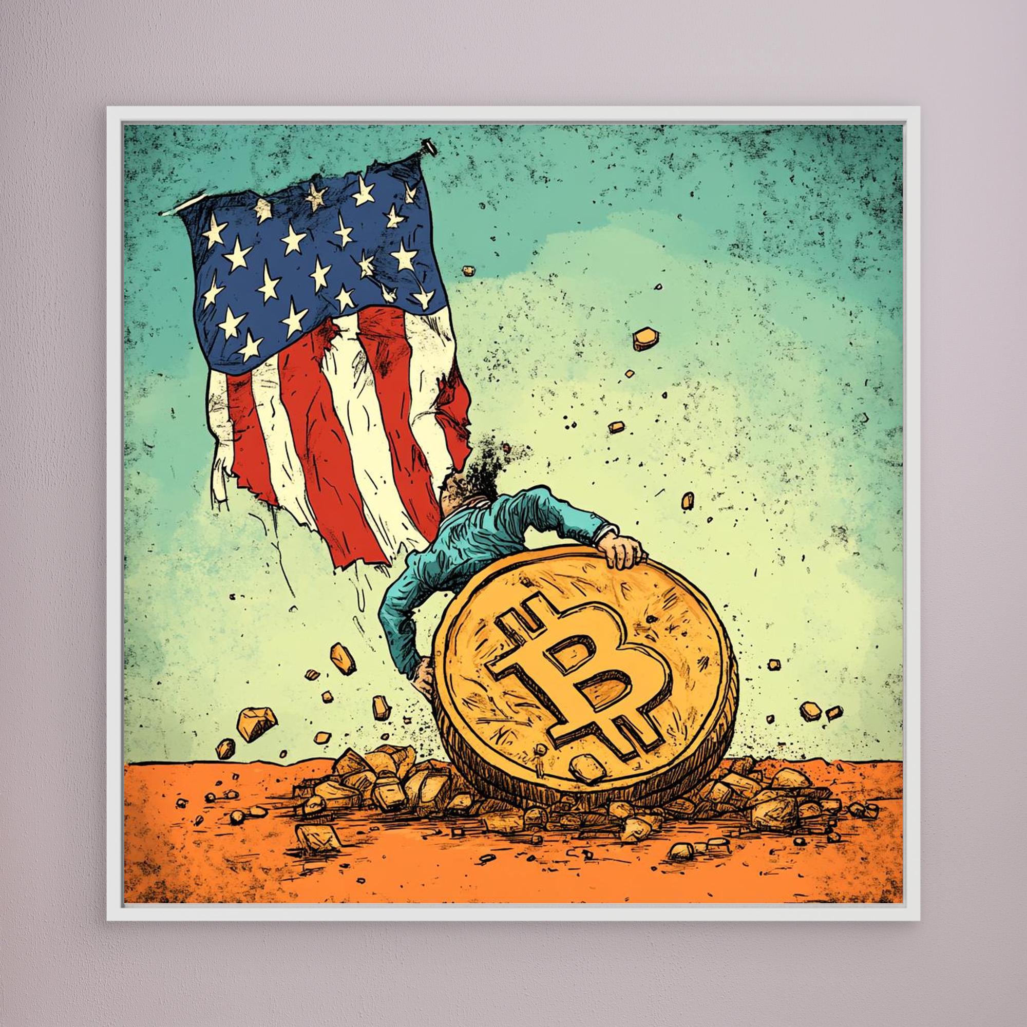 Canvas Print : Bitcoin vs. Tradition: Bold Political Satire Print Artwork