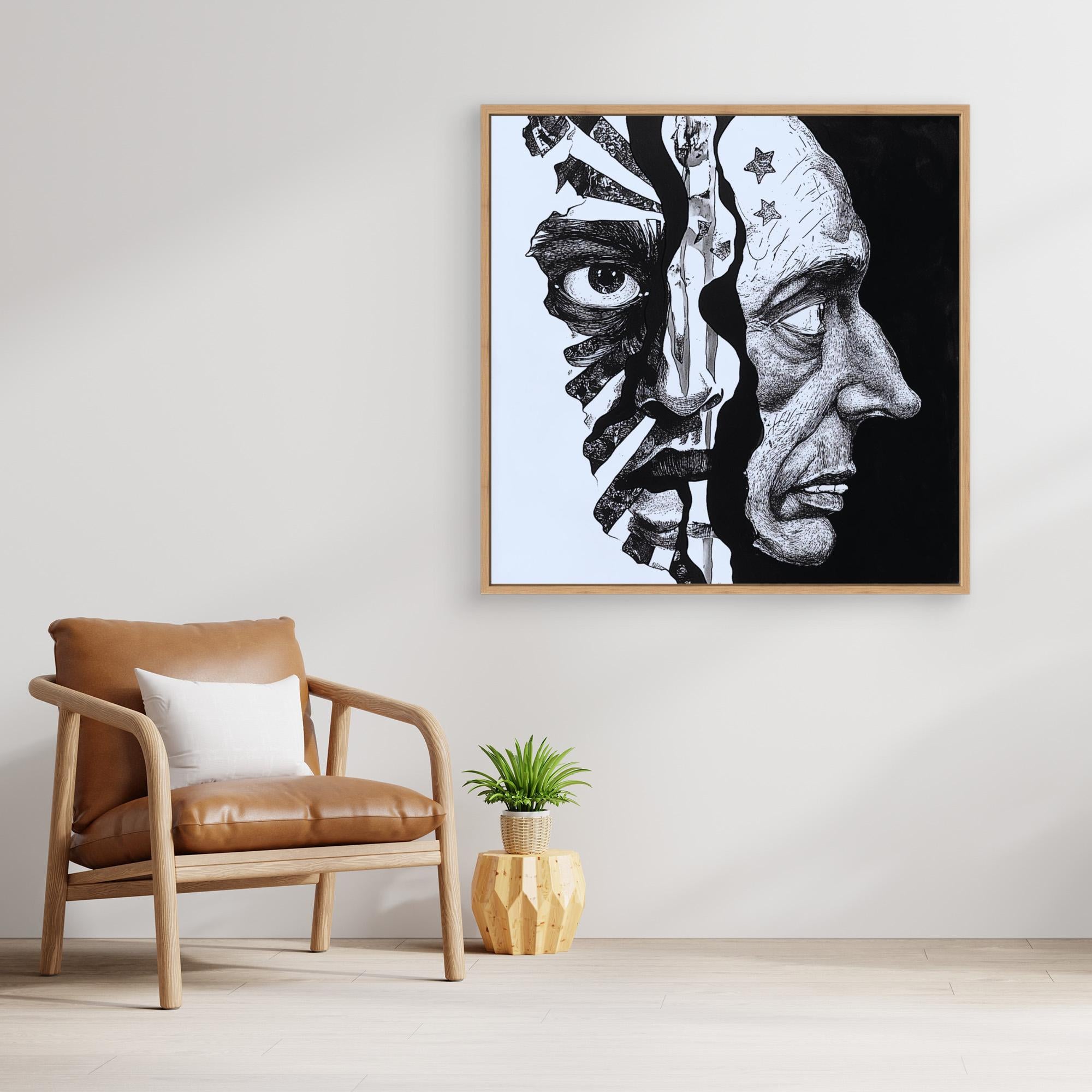 Faces Within - Dual Perspective Abstract Wall Art, Black and White Pen Drawing, Surreal Face Illustration Print, Modern Figurative Art for Home Decor