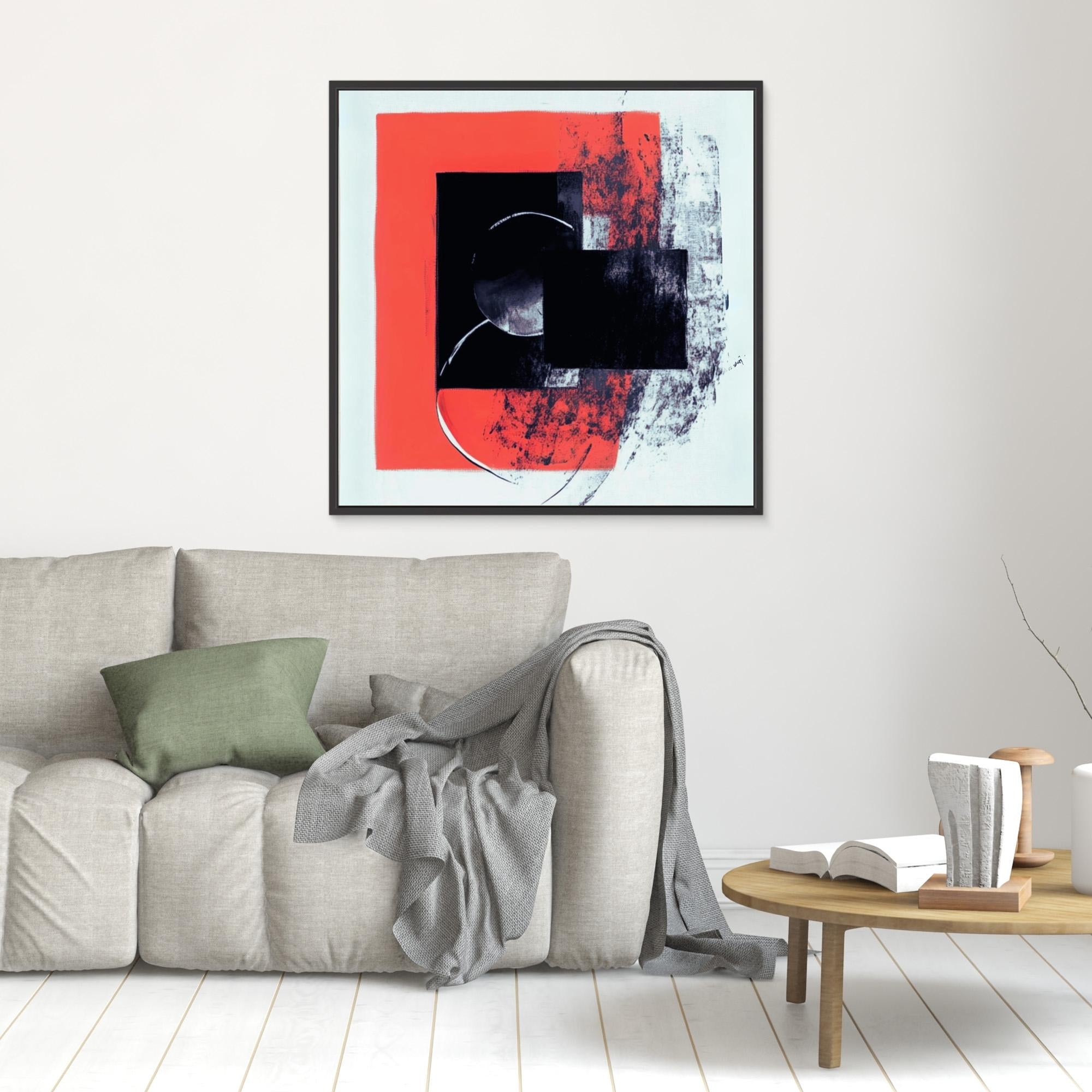 Crimson Echo - Modern Abstract Wall Art Print - Bold Black and Red Geometric Design on White Canvas - Contemporary Minimalist Art for Home Decor