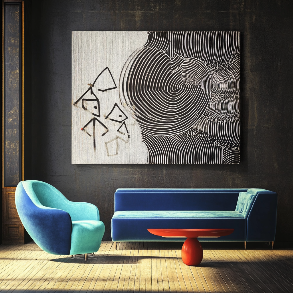 Black and white ripple effect canvas art with geometric accents