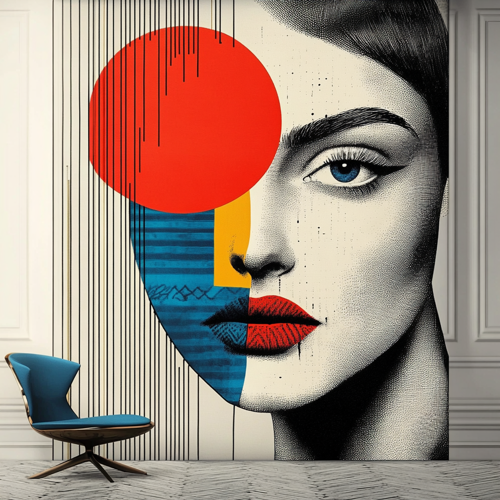 "Modern geometric portrait art print featuring bold red, blue, and yellow tones with abstract shapes and lines on a textured black and white face. Perfect for contemporary wall decor."