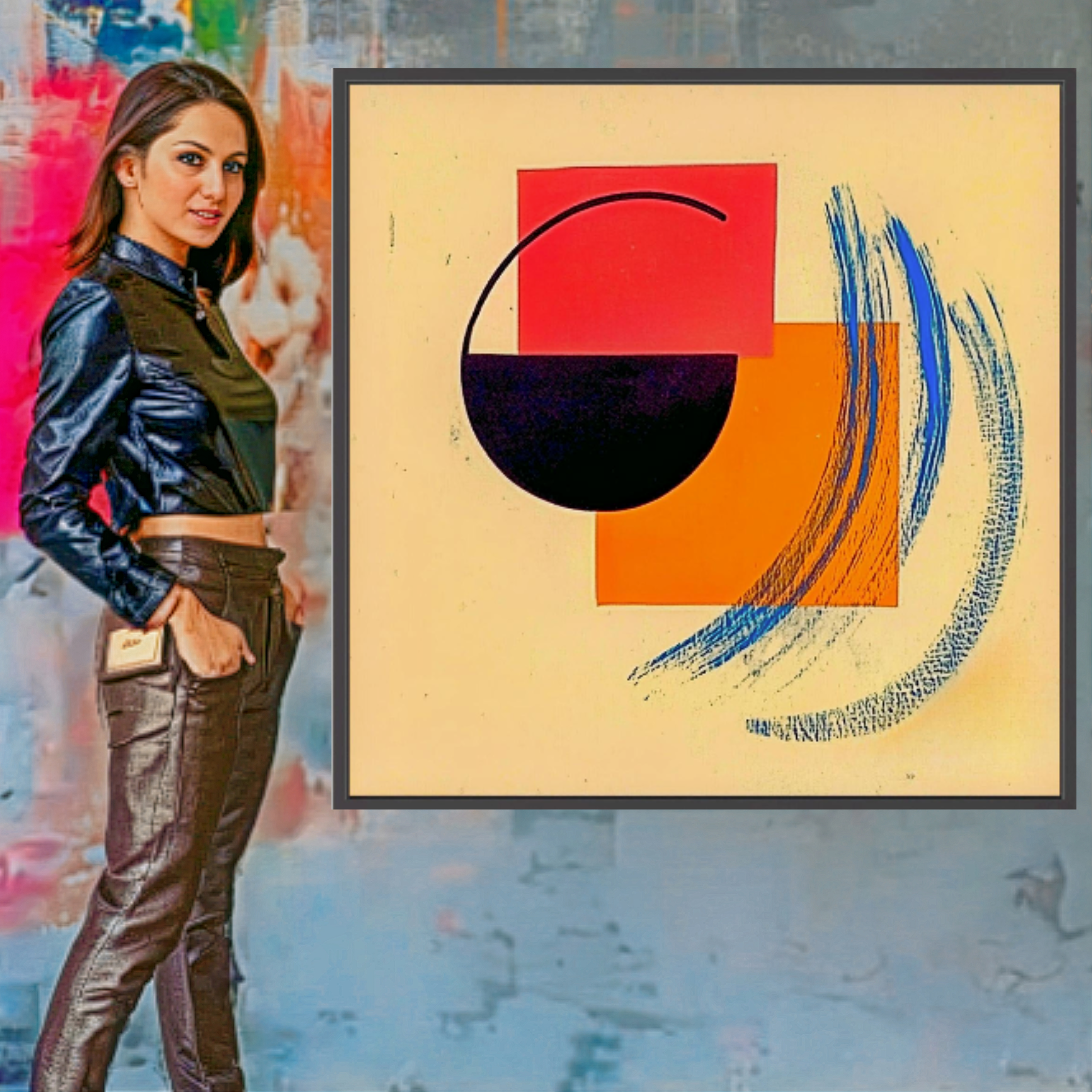 Abstract canvas art featuring geometric shapes in orange, red, black, and blue with minimalist brushstrokes