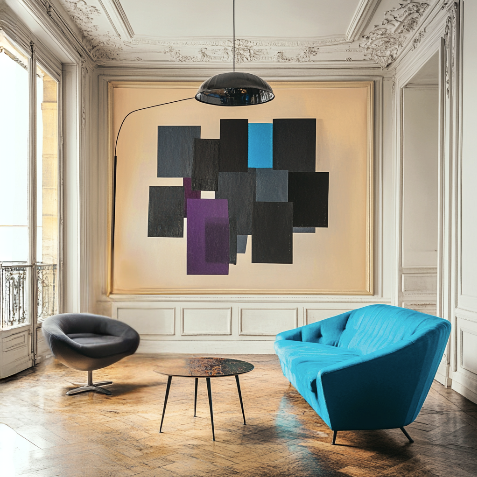 "Minimalist geometric abstract canvas art with bold purple and blue shapes"