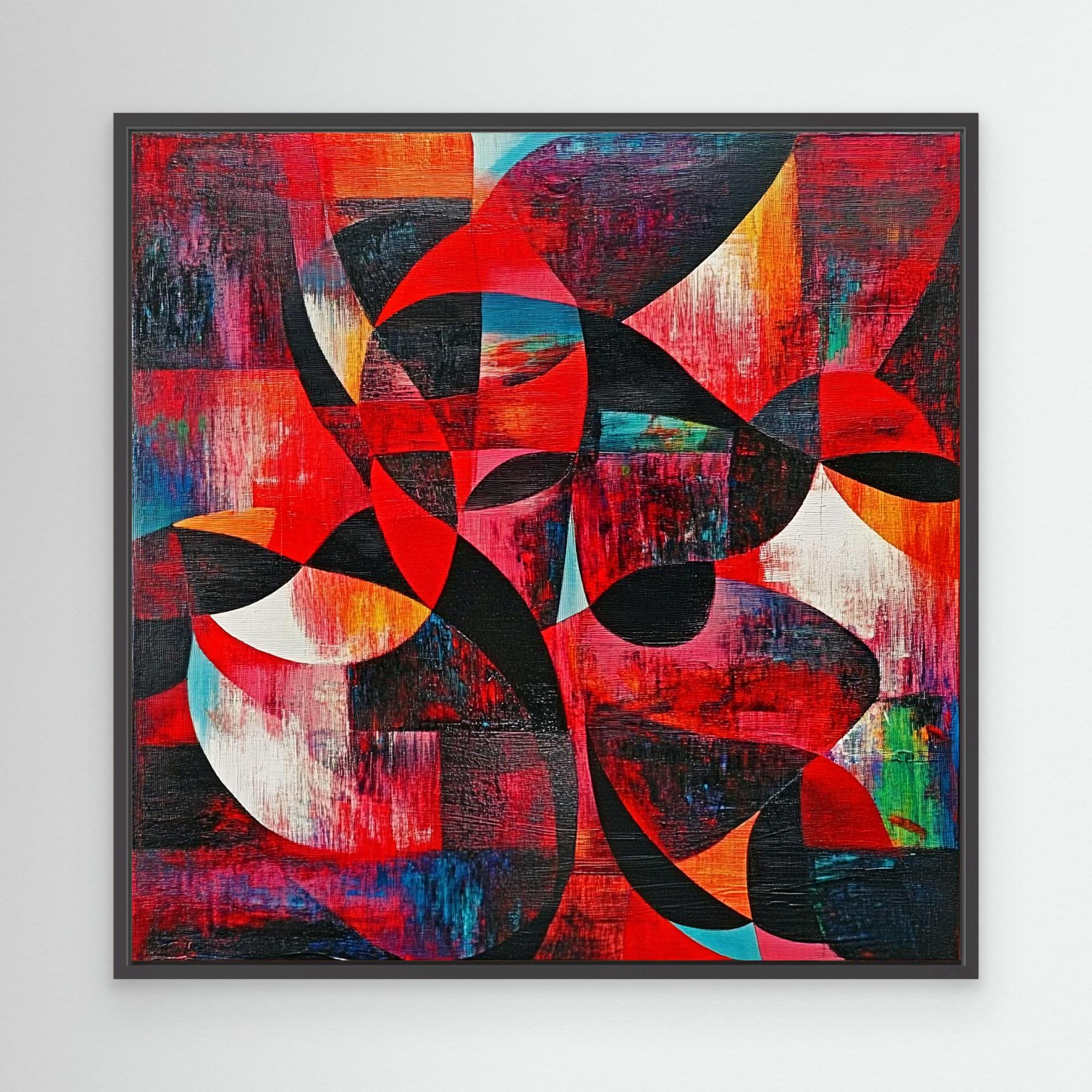 Abstract geometric wall art with bold red, black, and vibrant shapes.