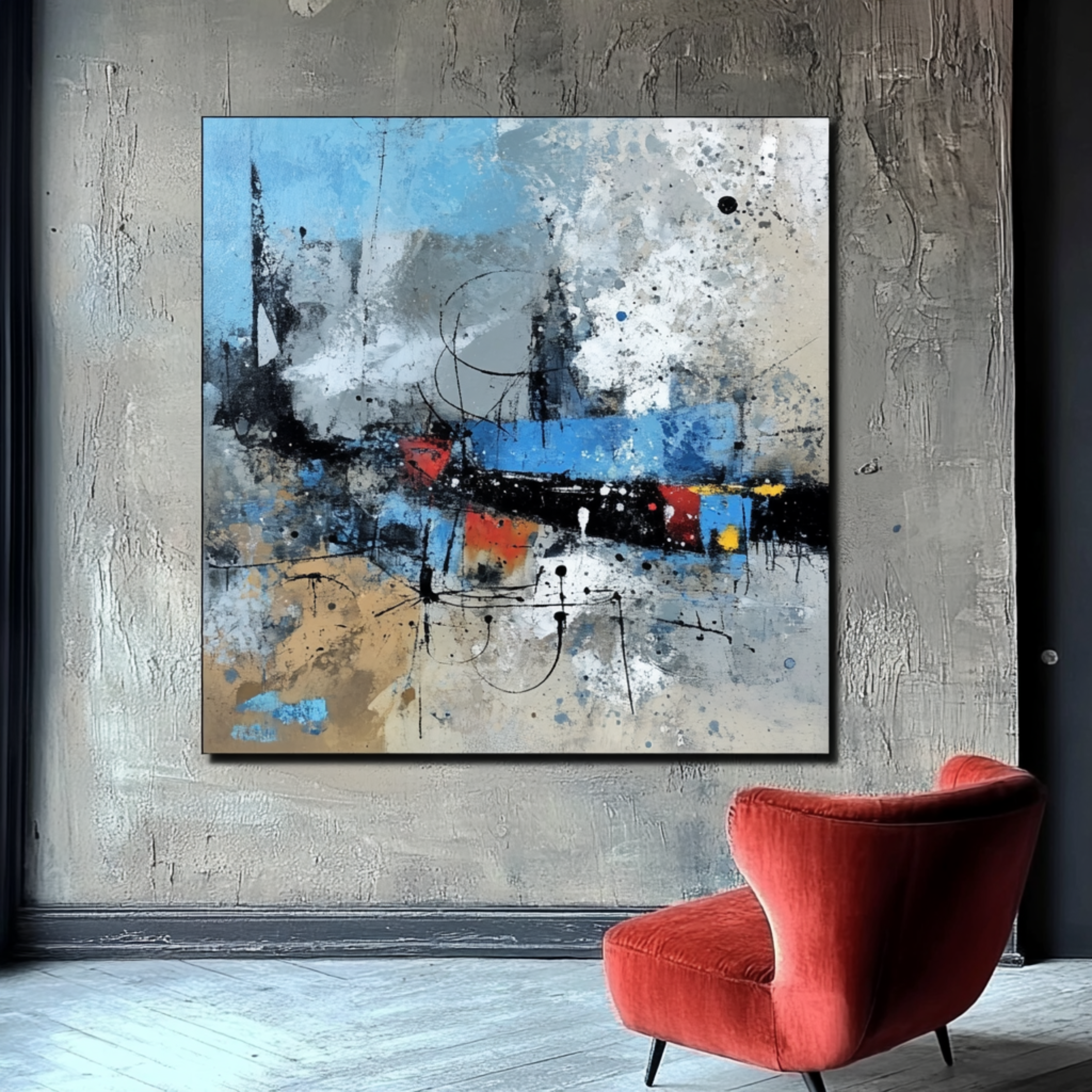 Abstract wall art in blue, neutral tones, and bold accents for modern decor