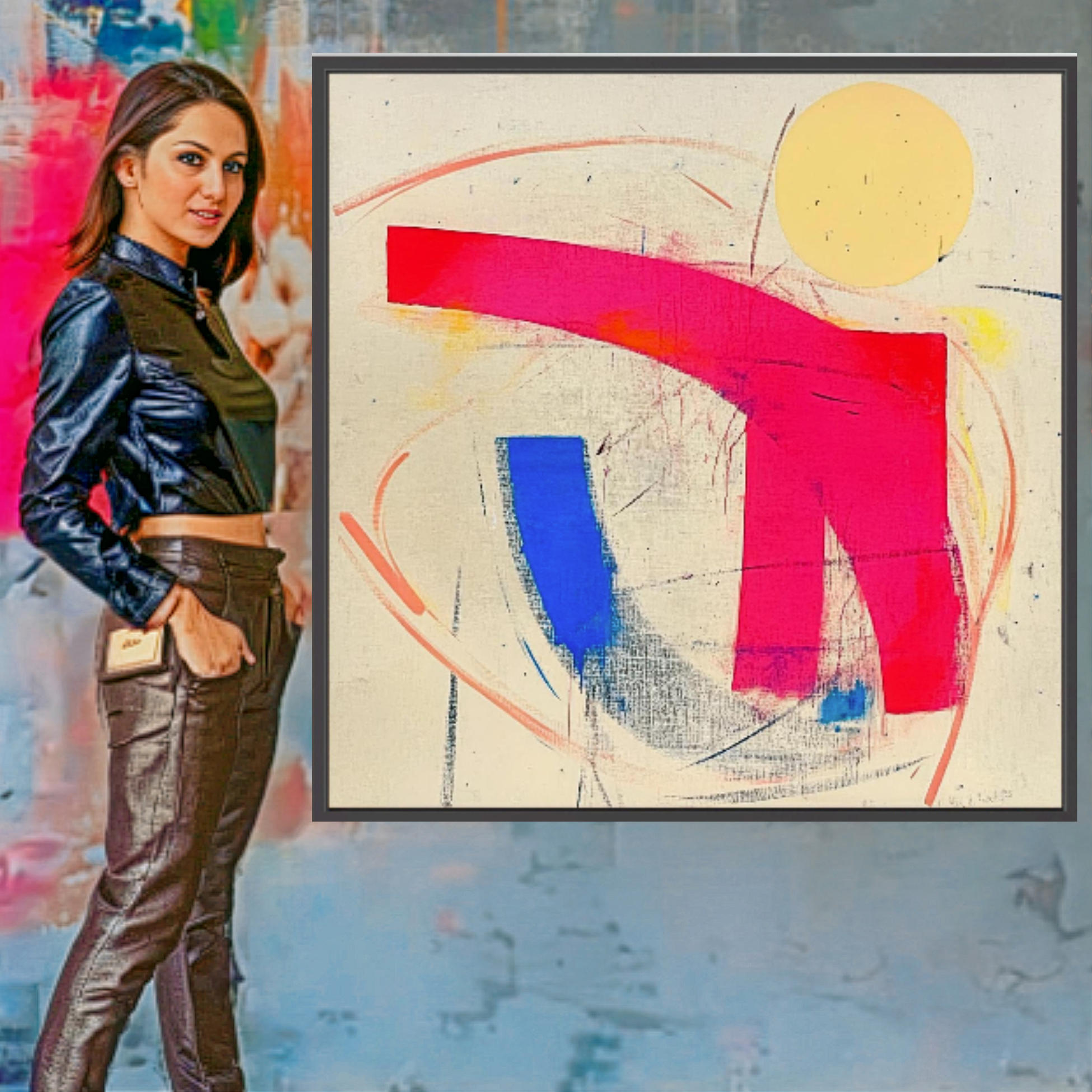 Abstract canvas art featuring bold pink, blue, and yellow brushstrokes on a neutral background