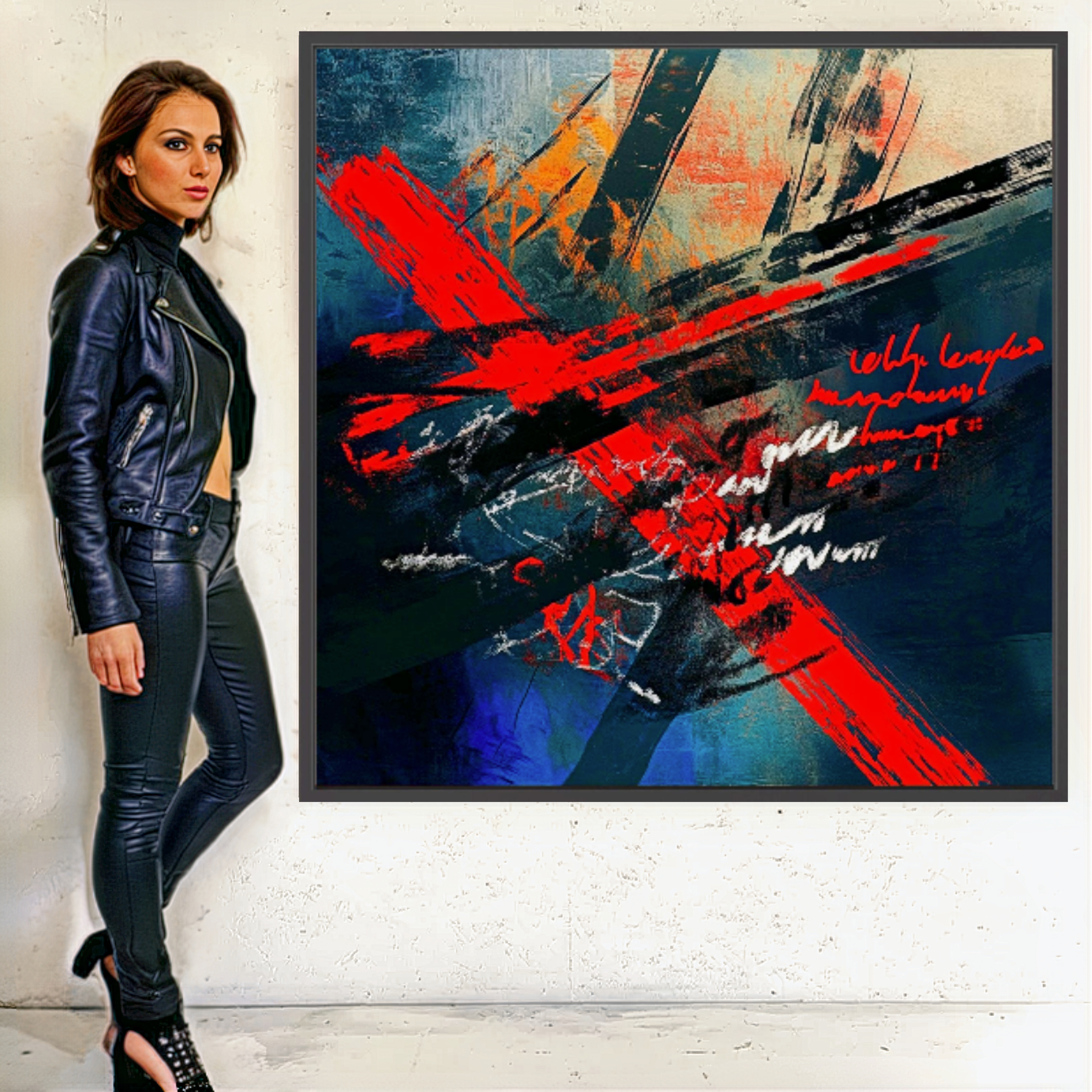 Abstract wall art with bold red and black strokes on canvas