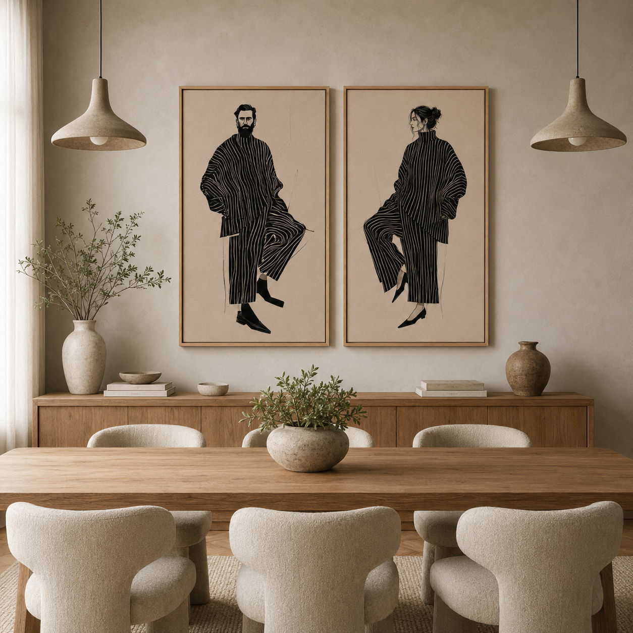 Fashion Illustration Wall Art Set of 2 in a Dining Room – Atelier Duo by Rossetti Art