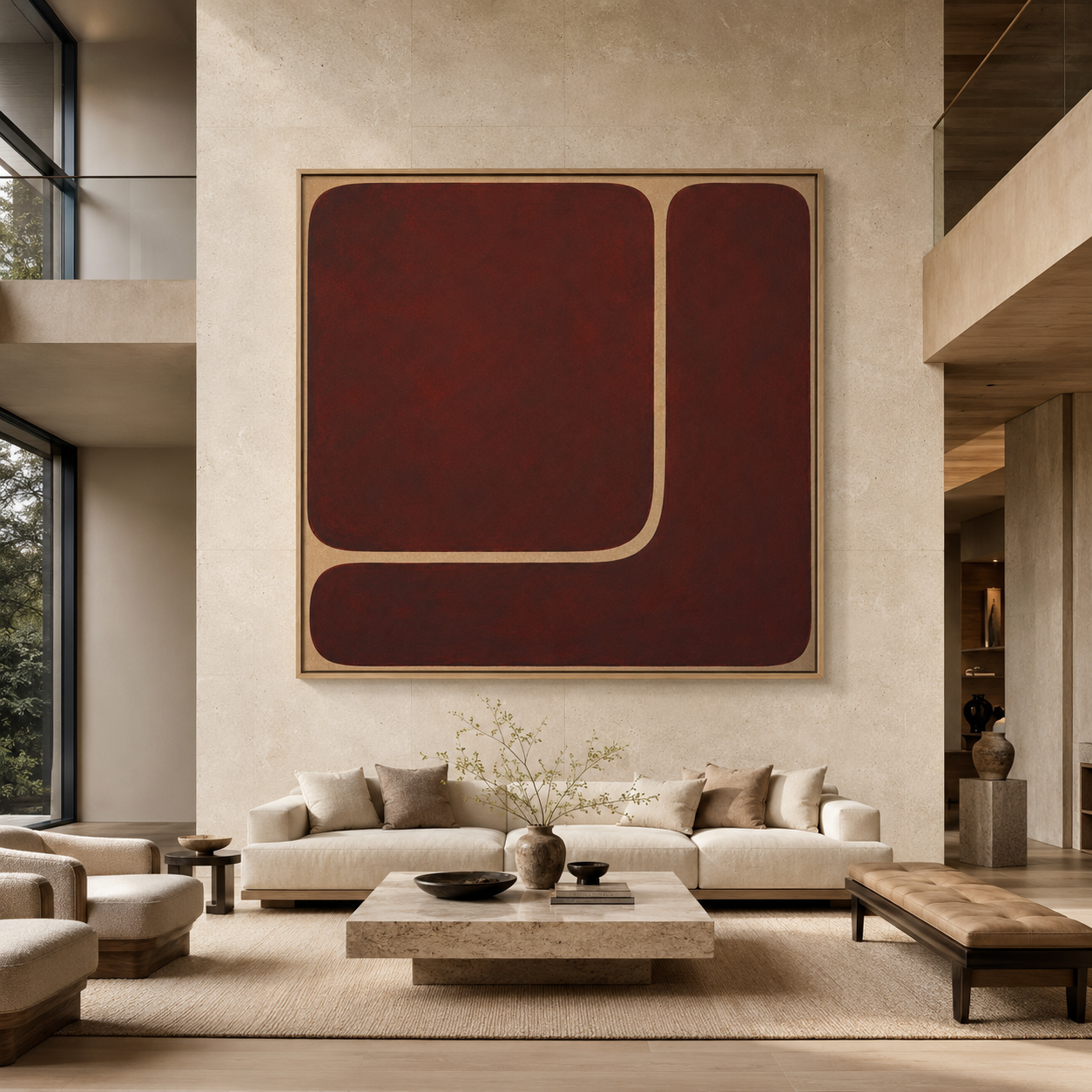 Large burgundy wall art canvas print – Quiet Divide in an oak frame above a living room sofa, by Rossetti Art
