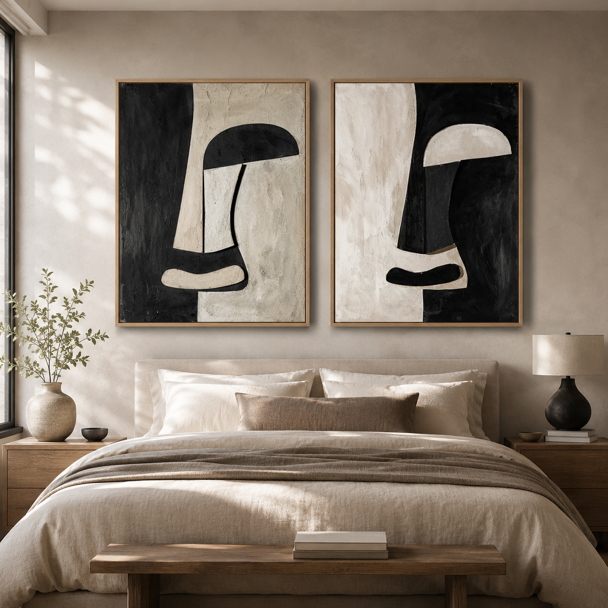 Abstract Painting Set of 2 - Monochrome Dialogue Diptych