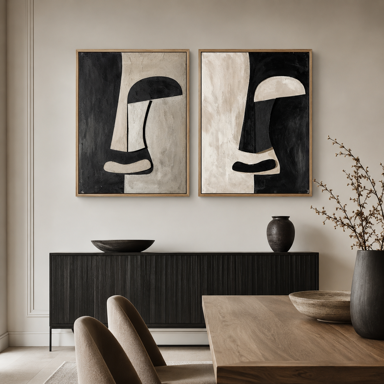 Abstract Painting Set of 2 - Monochrome Dialogue Diptych
