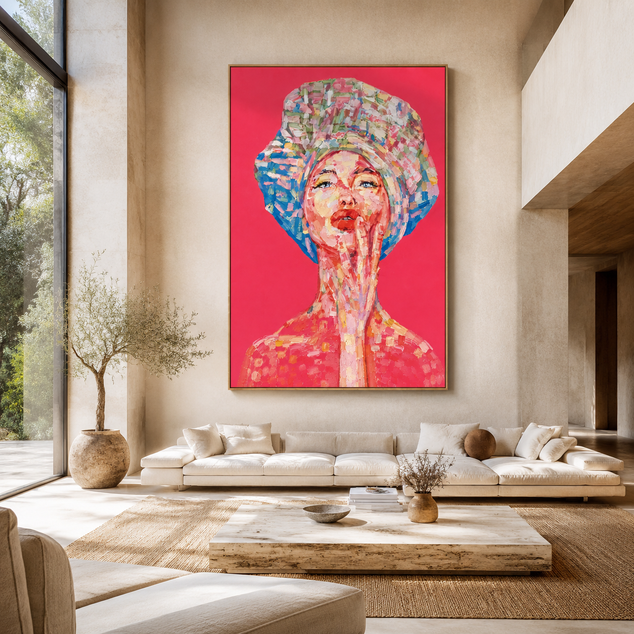 Colorful woman portrait wall art with expressive pink, coral, blue and green brushstrokes on a vivid pink background