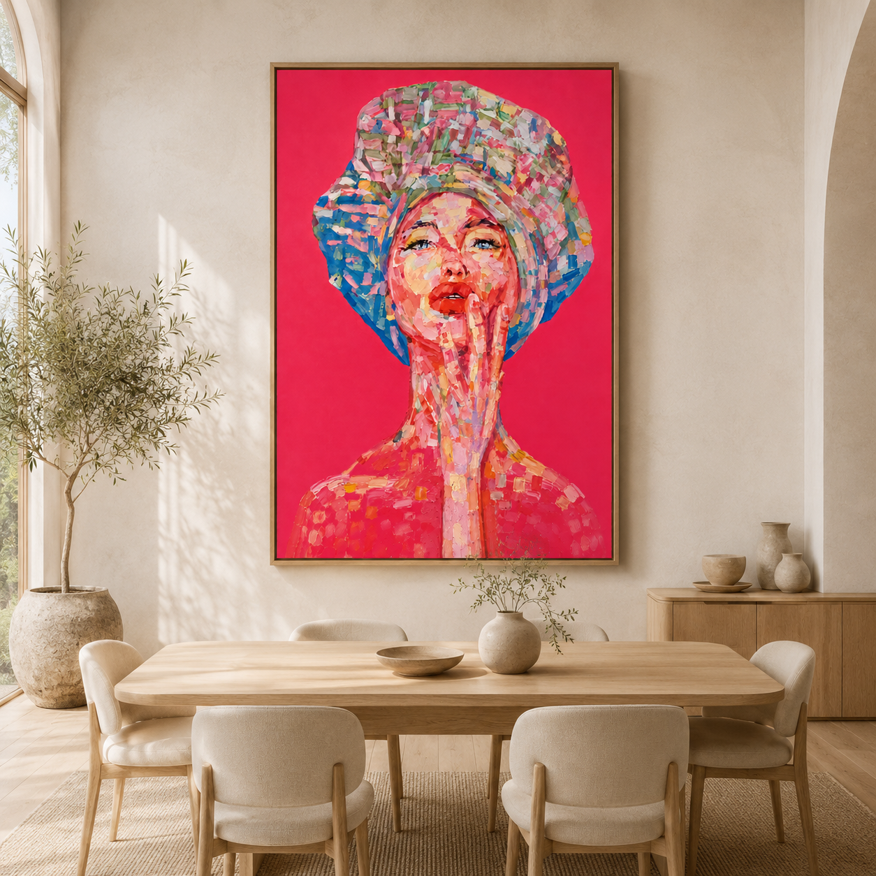 Colorful woman portrait wall art with expressive pink, coral, blue and green brushstrokes on a vivid pink background