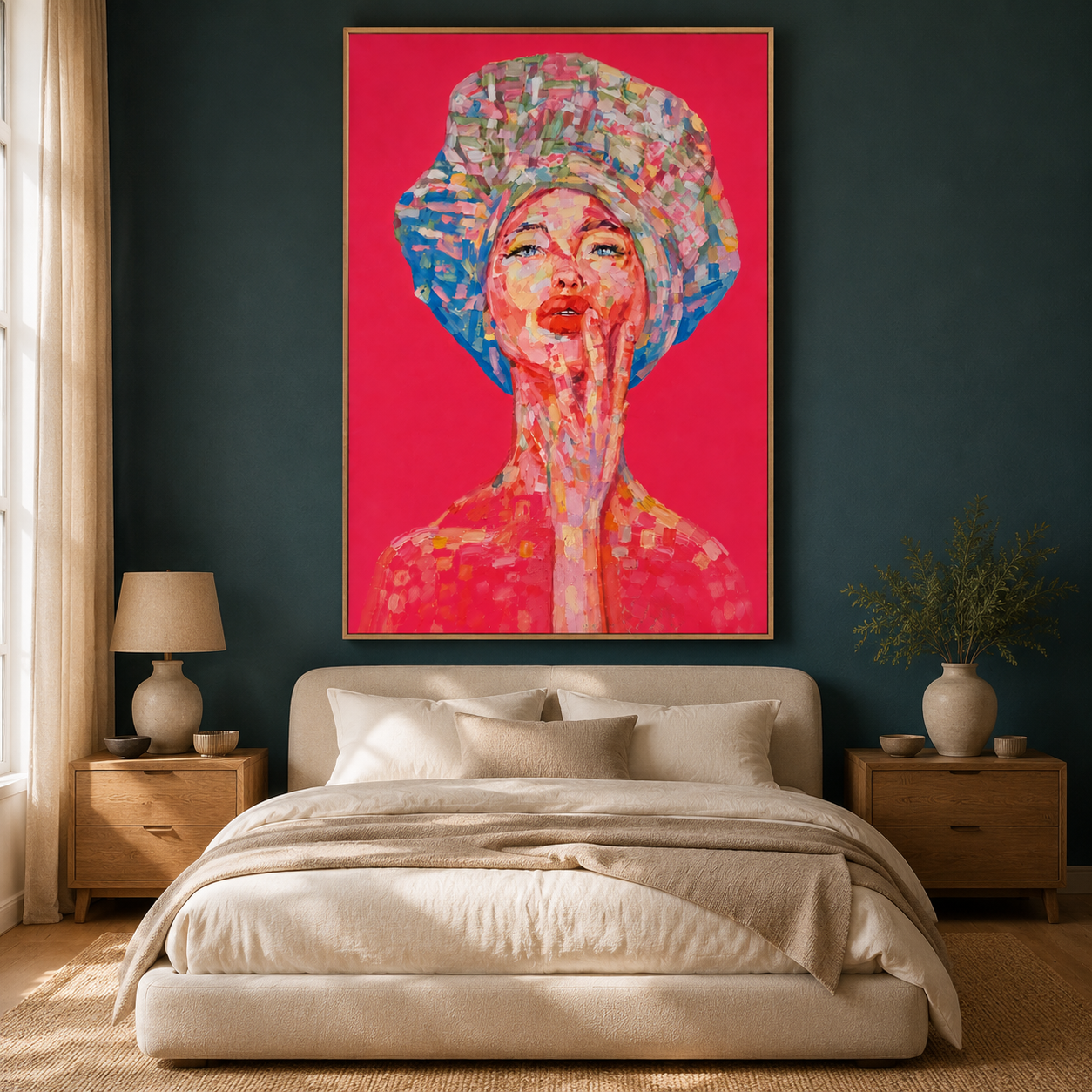 Colorful woman portrait wall art with expressive pink, coral, blue and green brushstrokes on a vivid pink background