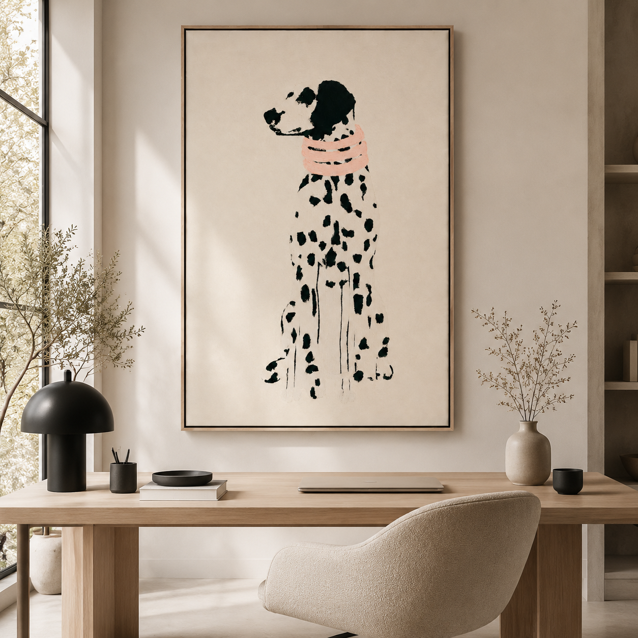 Vertical Dalmatian dog canvas wall art in a warm beige interior setting