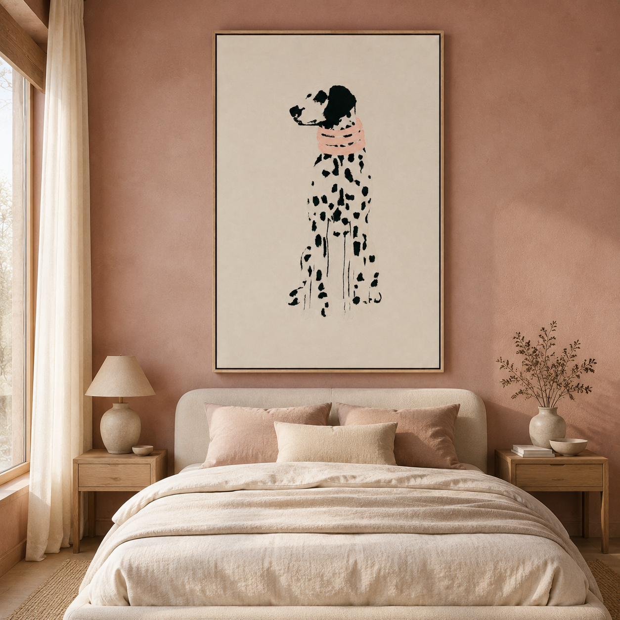 Dalmatian dog portrait wall art with black painted marks and coral-pink collar