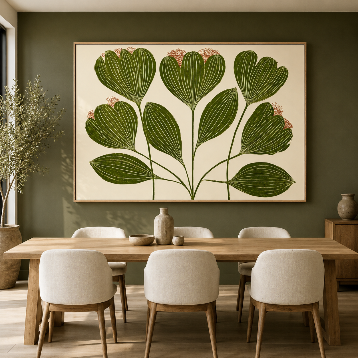 Close-up of olive-green botanical leaves with fine cream veins and rust-orange accents