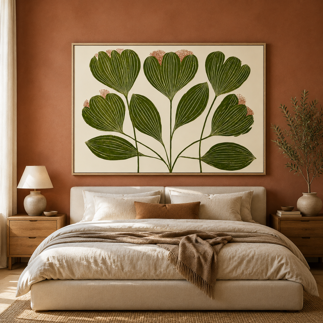 Vintage graphic botanical wall art with repeated green leaves and cream linework