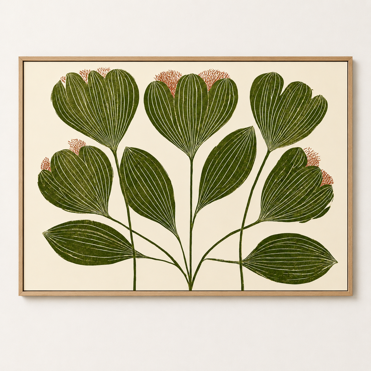 Botanical leaf wall art with olive-green heart-shaped leaves, cream linework and rust accents on an ivory background