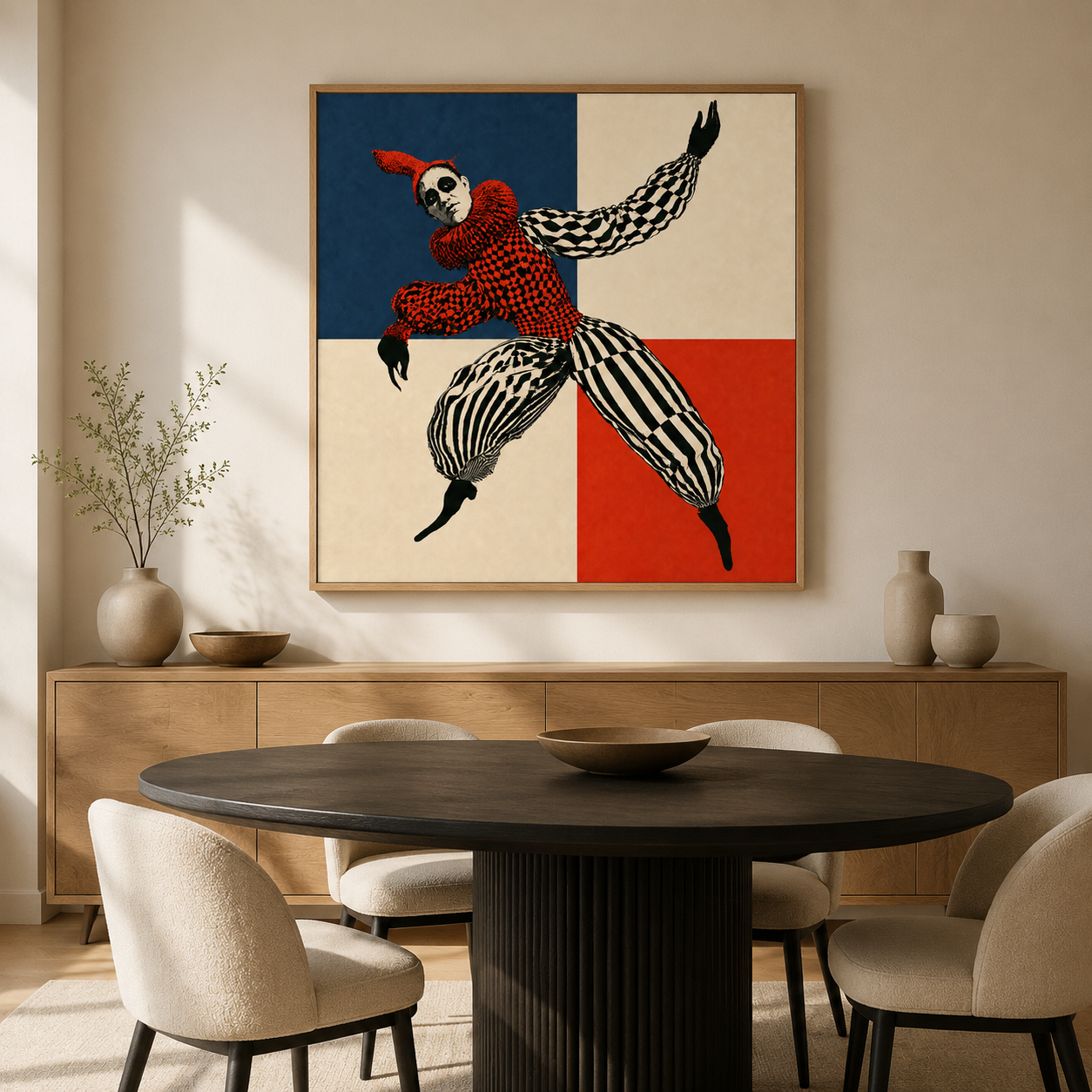 Harlequin wall art displayed above a contemporary dining cabinet