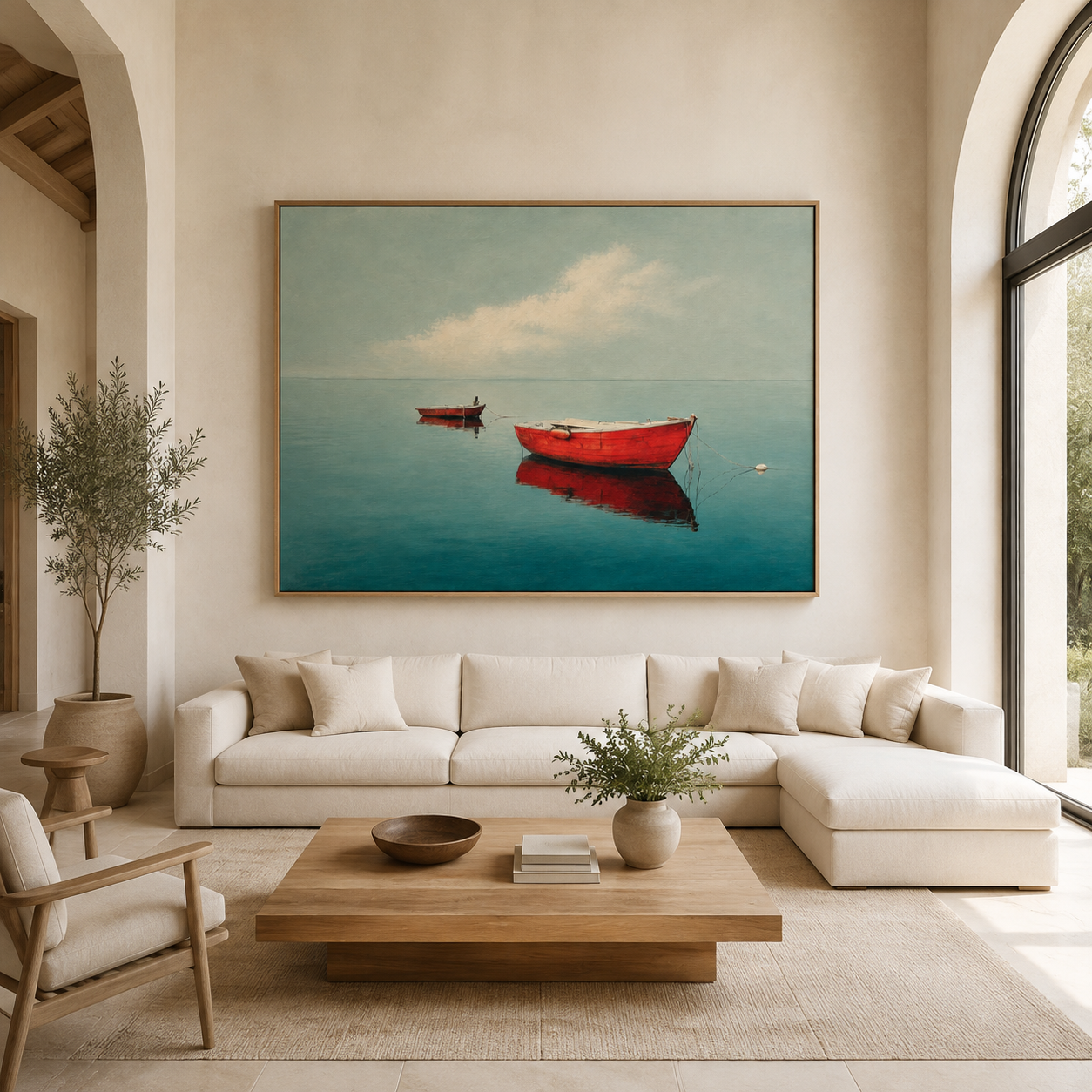 Boat wall art in a Mediterranean-style living room with an arched doorway – Still Anchorage by Rossetti Art